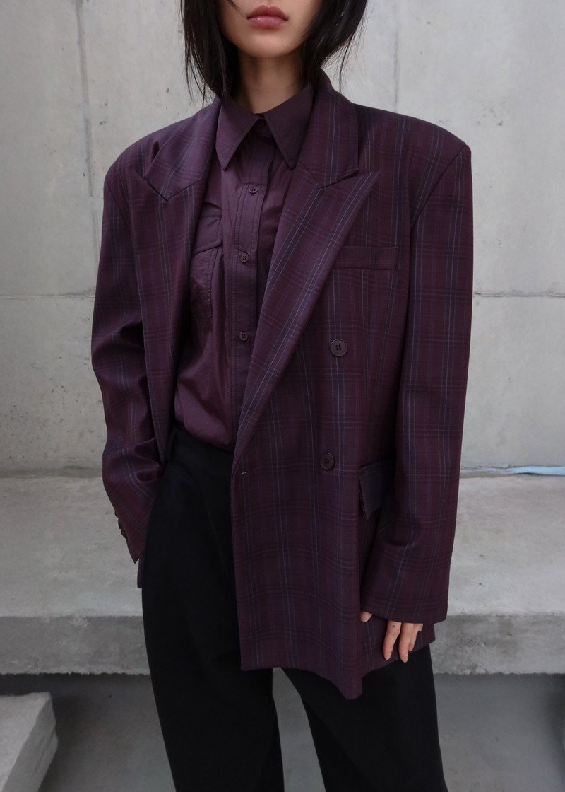 Dinant Padded Double-Breasted Blazer - Burgundy Plaid 8