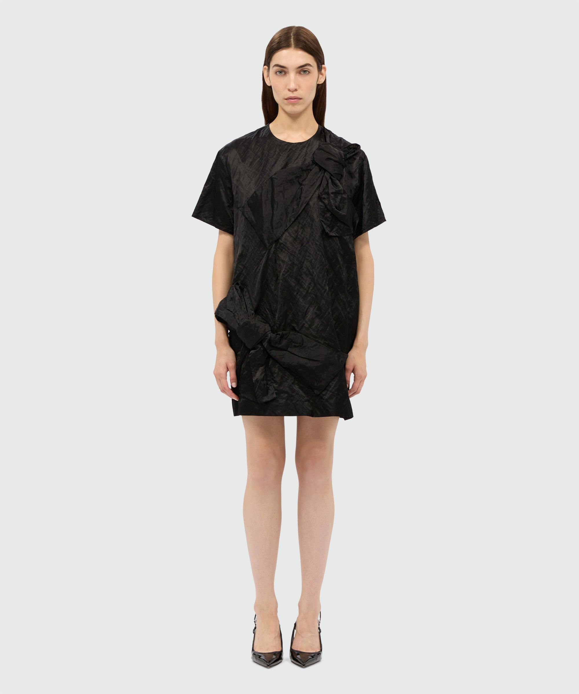 Black crinkle duchesse minidress with bow - 2