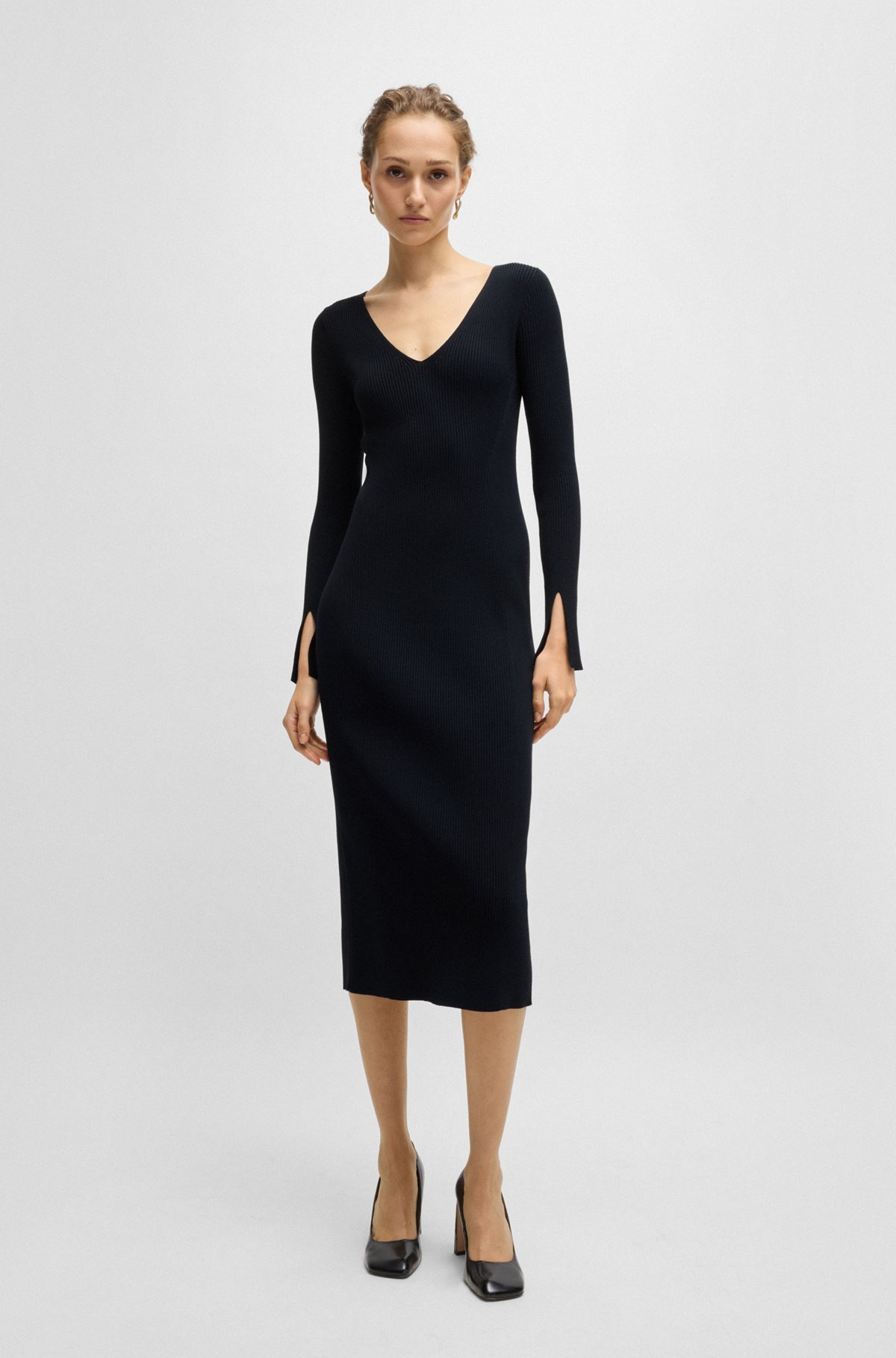 LONG-SLEEVED V-NECK DRESS WITH RIBBED KNIT - 2