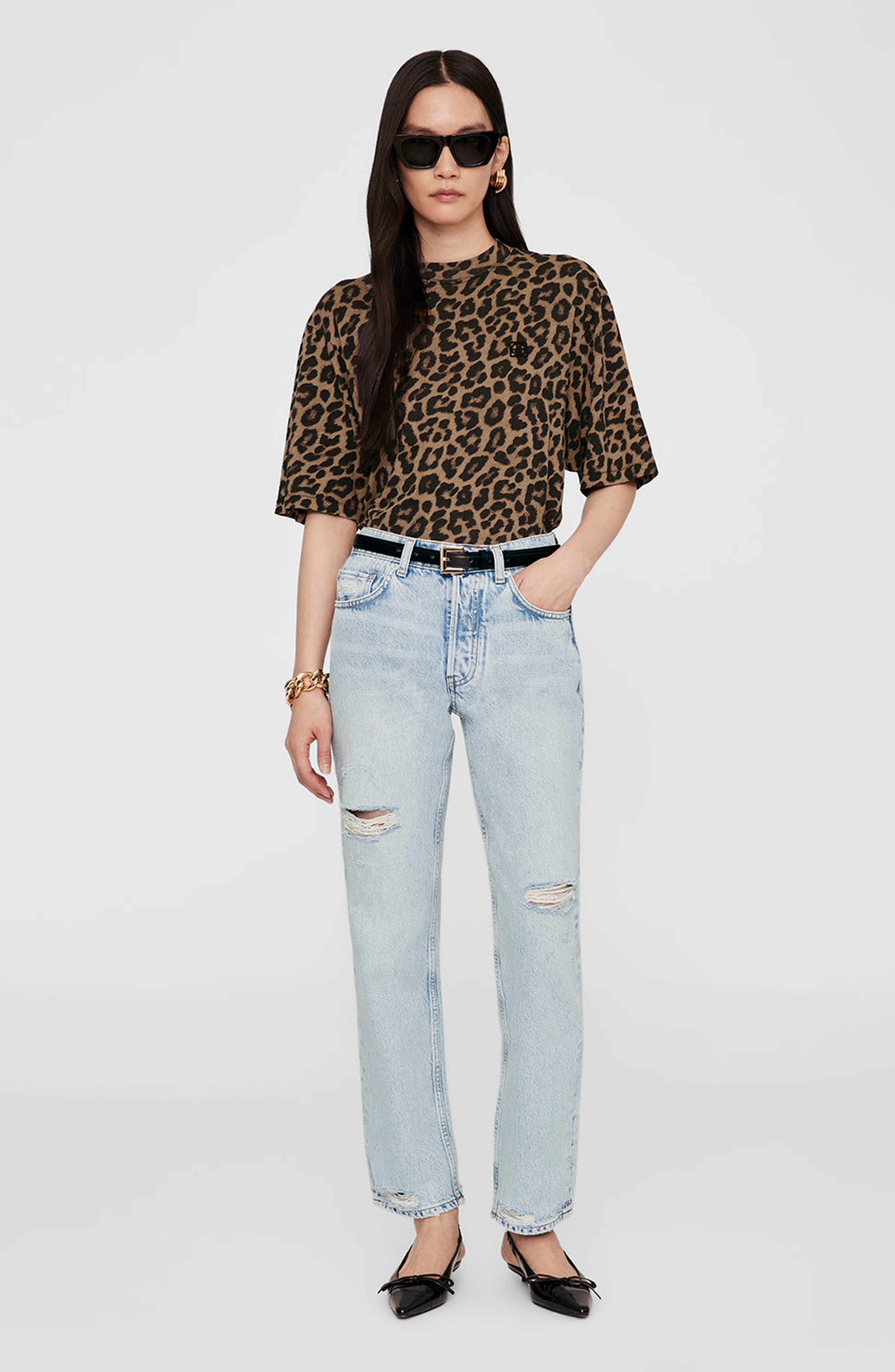 ANINE BING Avi Tee in Black /Brown Leopard at Nordstrom - 1