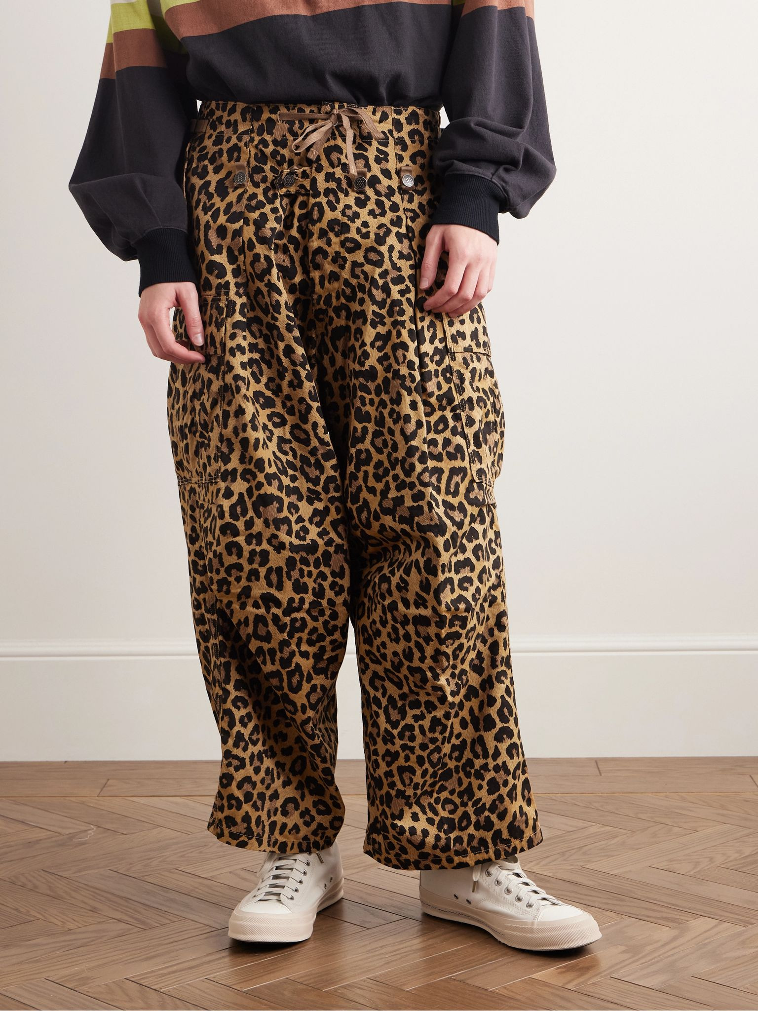 Wide-Leg Leopard-Print Herringbone Cotton Cargo Trousers Leopard print - 3