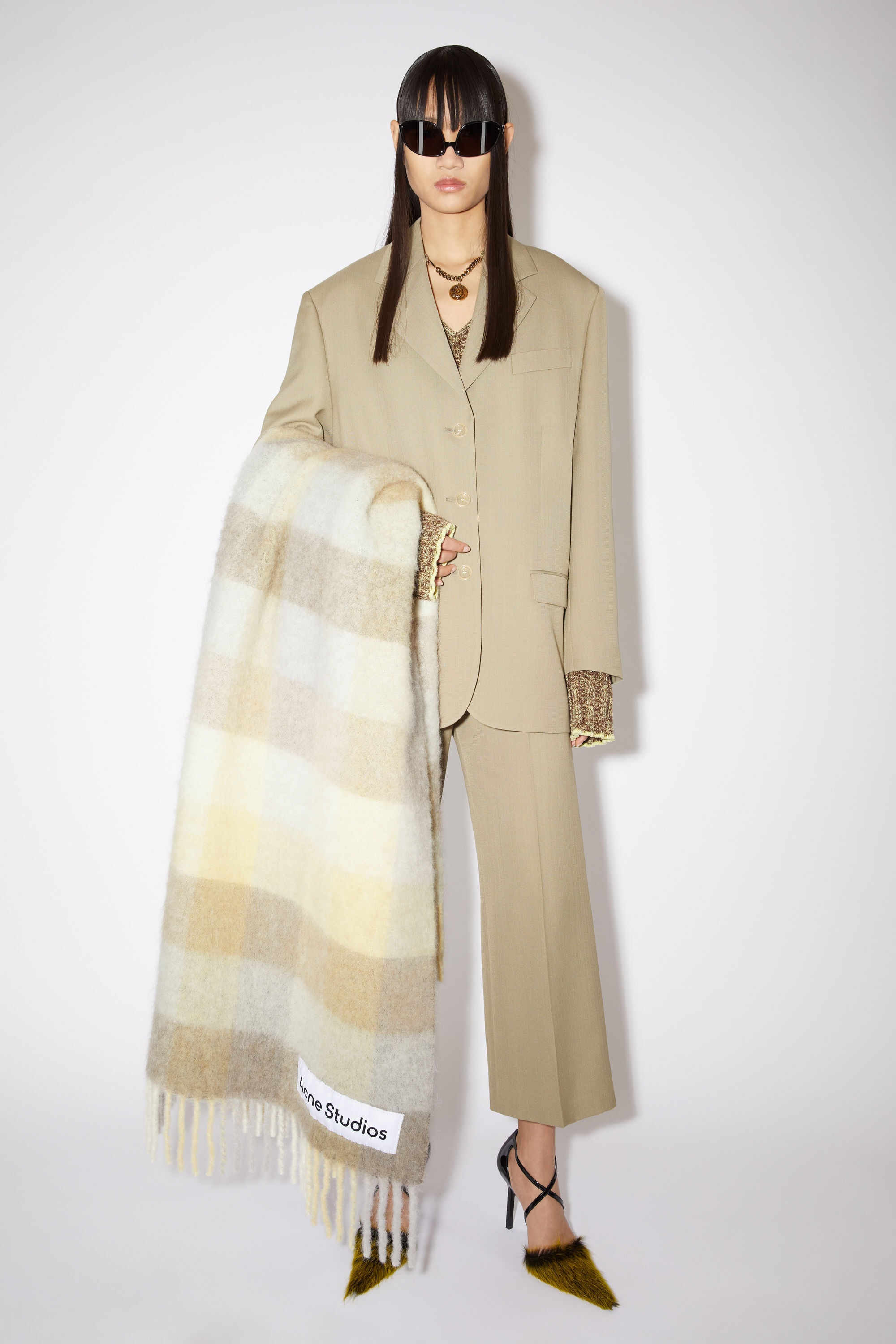 Check alpaca blend blanket scarf - Pale yellow/beige/grey - 2
