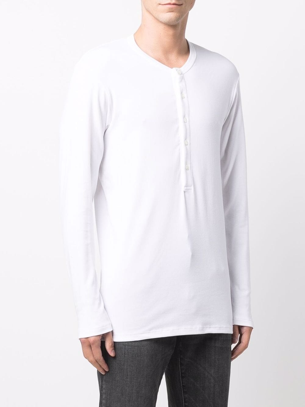 White stretch cotton jersey henley T-shirt with logo label at front. - 2