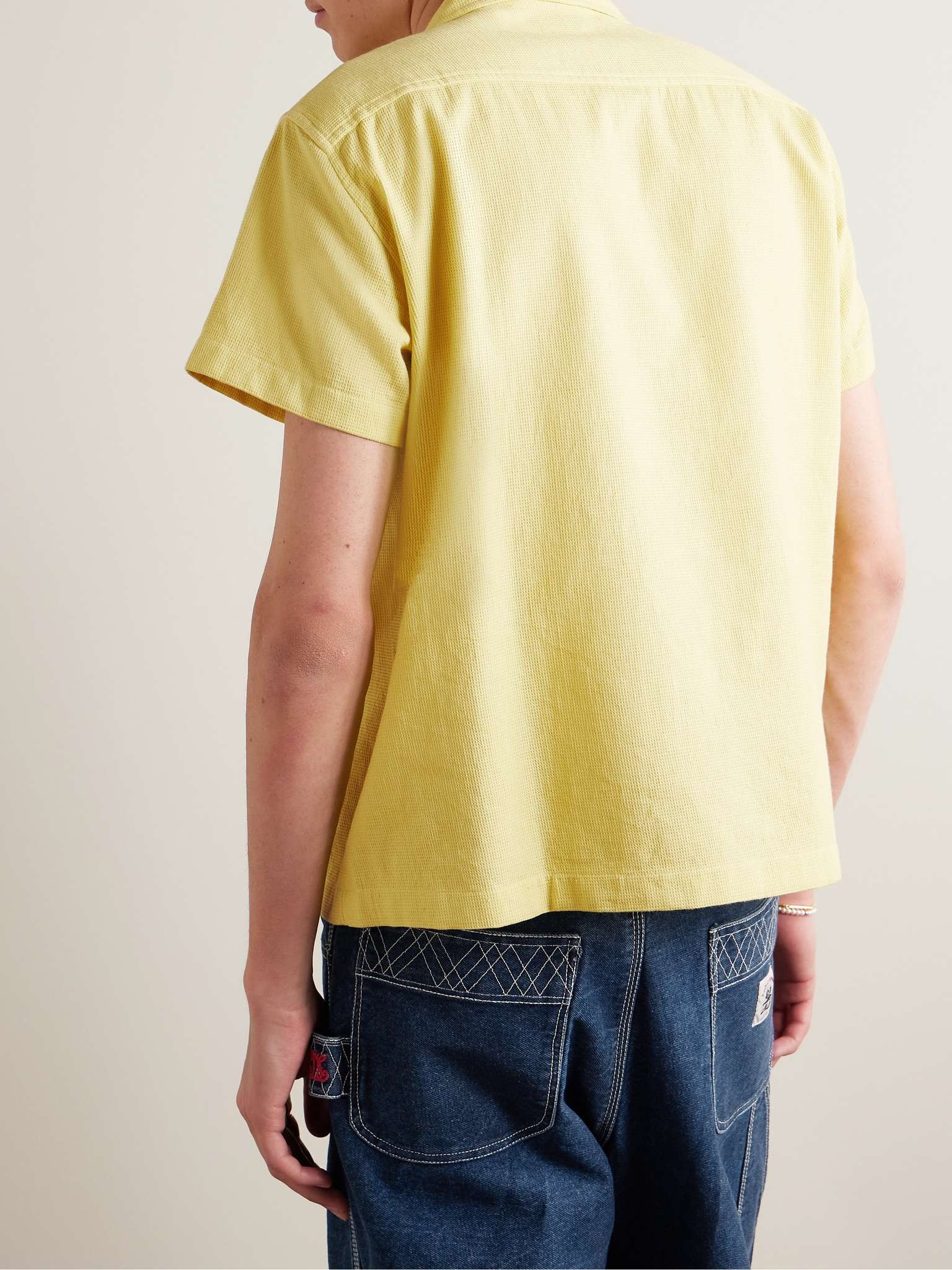 Chicory Camp-Collar Bead-Embellished Waffle-Knit Cotton Shirt - 3