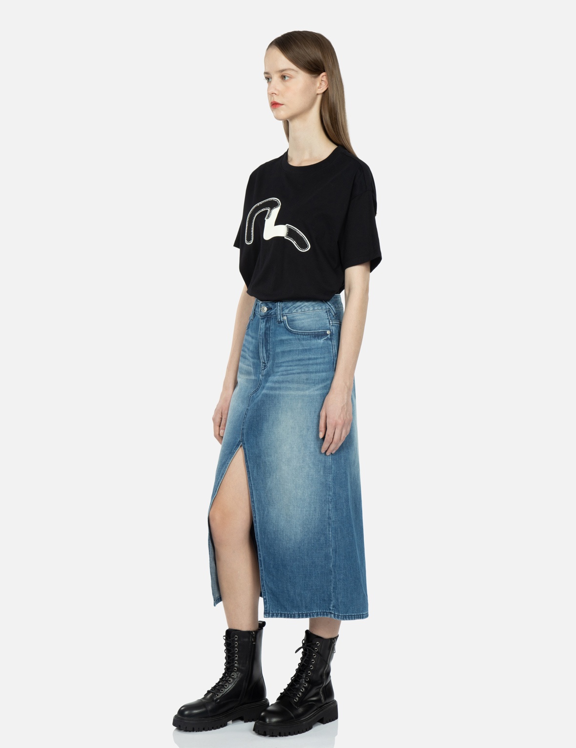 SEAGULL AND KAMON EMBOSSED DENIM SKIRT - 3