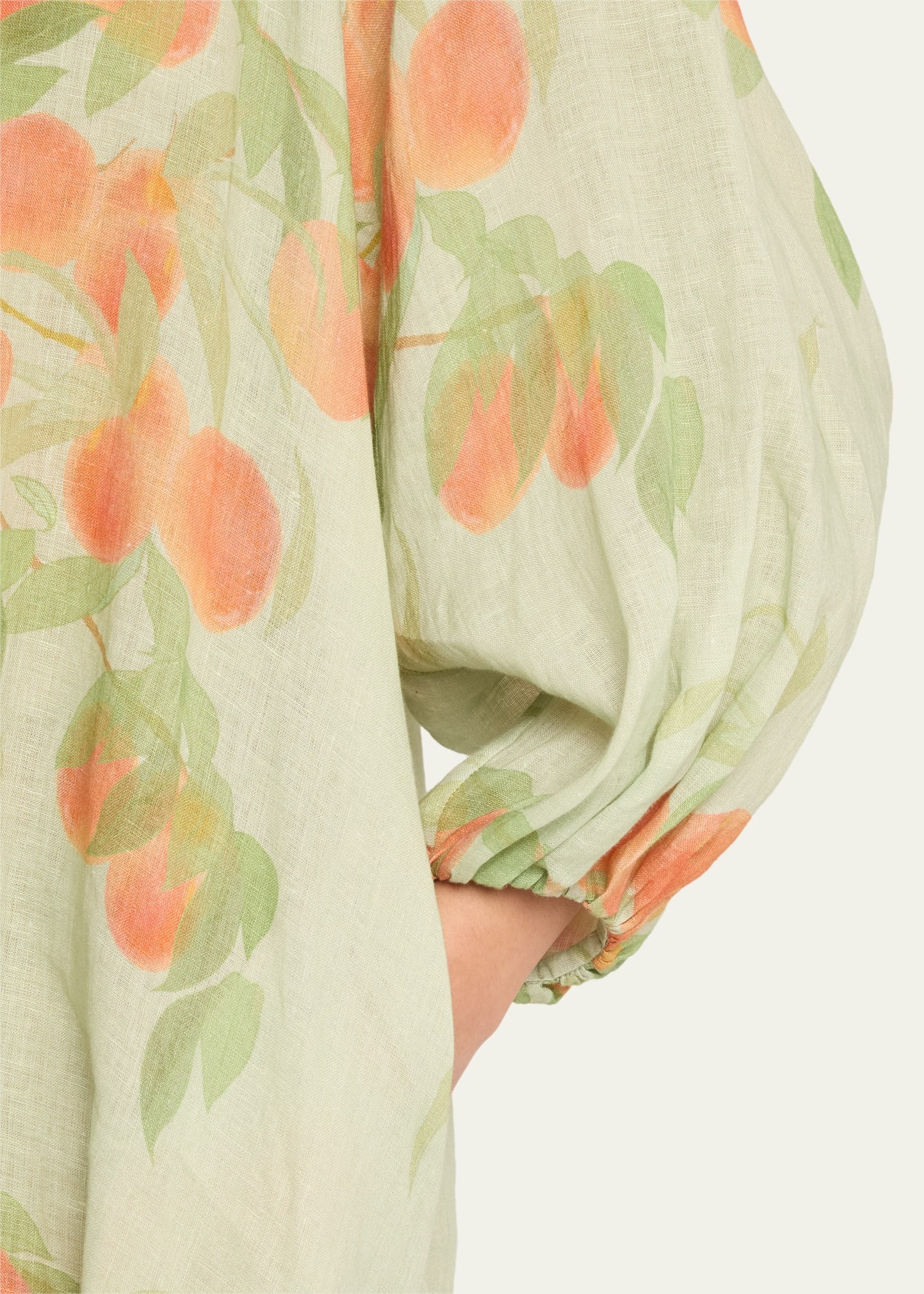 Peach Print Puff-Sleeve Linen Dress - 5