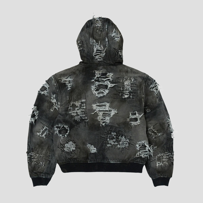 Thug Club HARD-WASHED DAMAGED DENIM HOODED ZIP-UP outlook