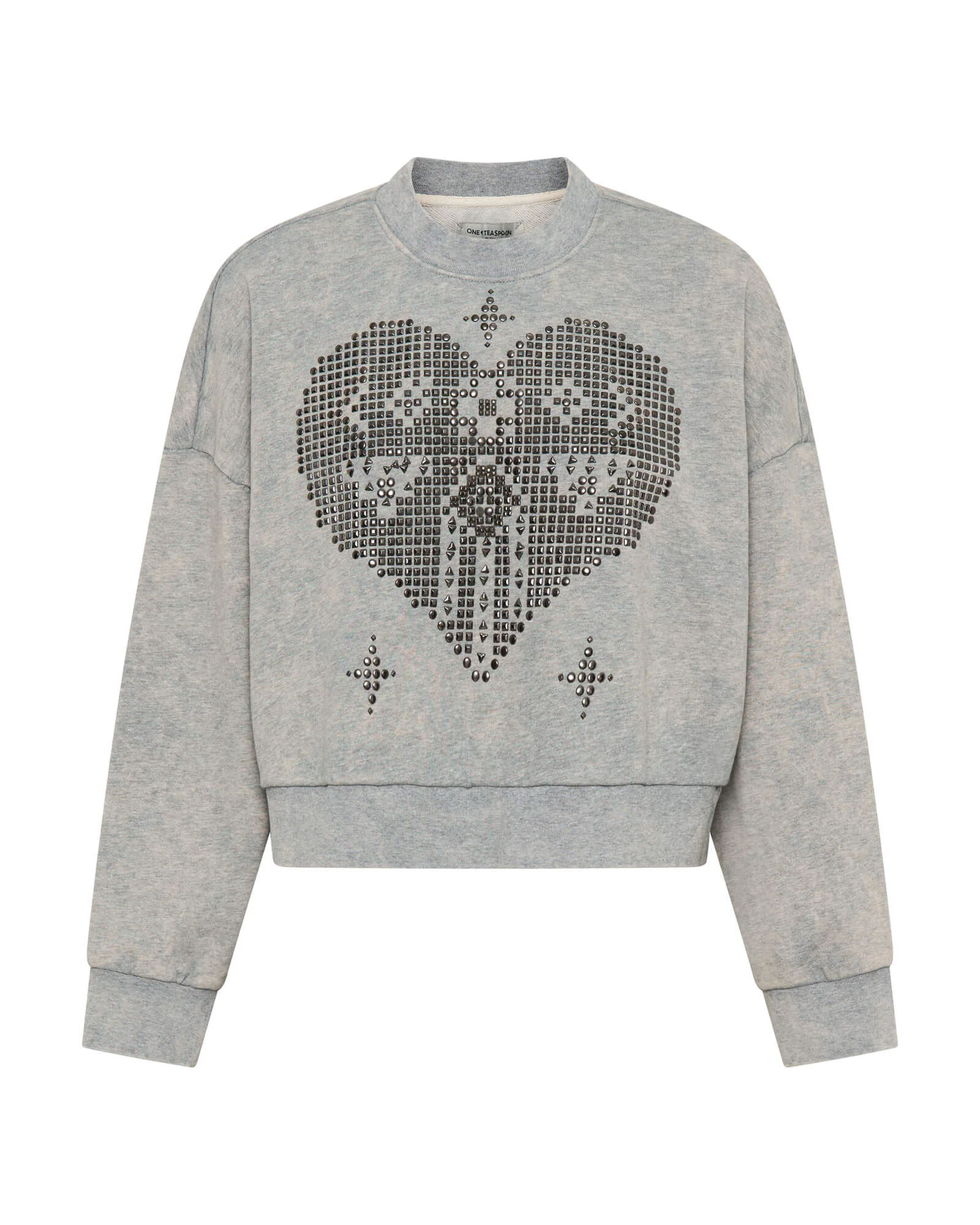 Studded Heart Grey Cropped Sweater - Grey Marl - 1