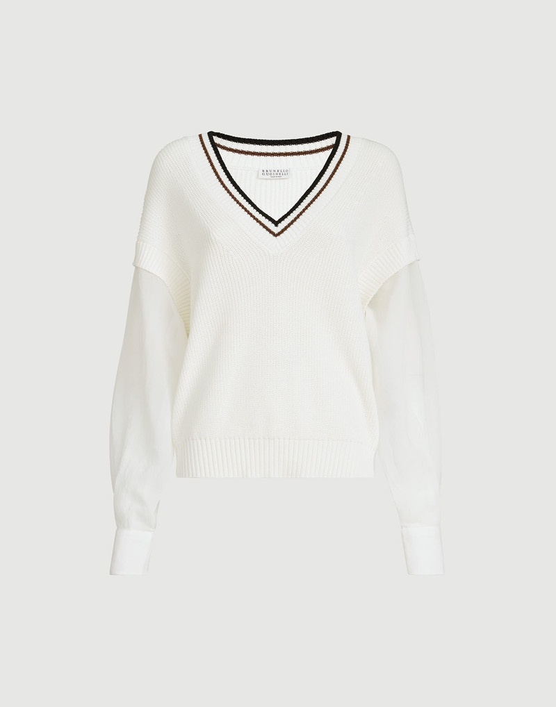 Cotton English rib sweater with organza sleeves 1