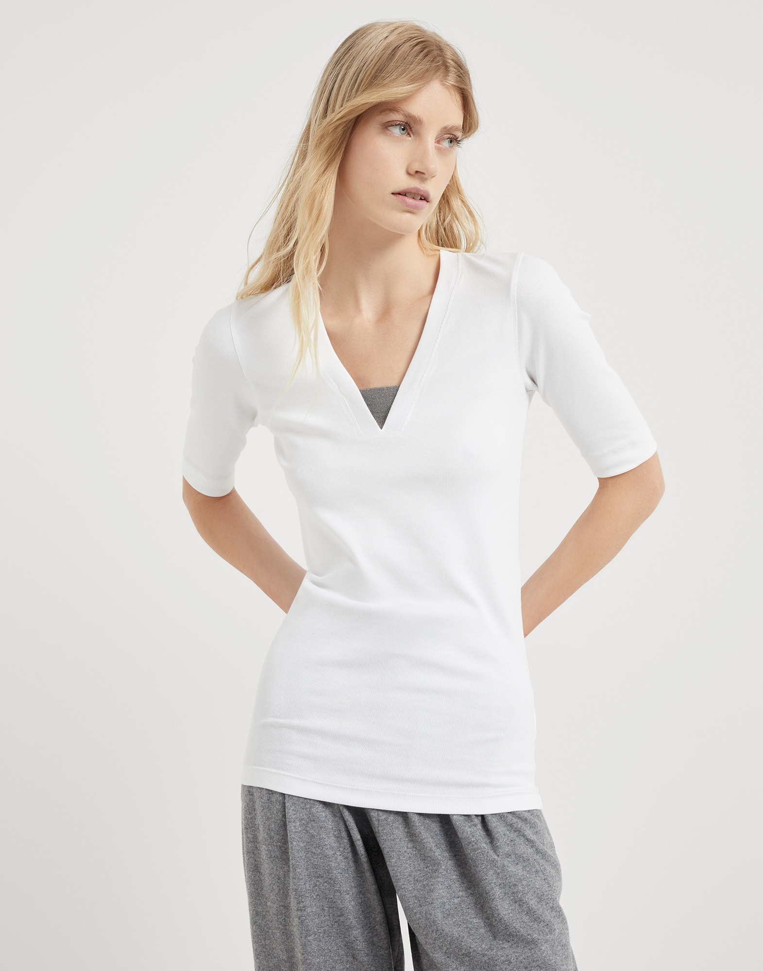 Stretch cotton ribbed jersey T-shirt with precious insert - 1