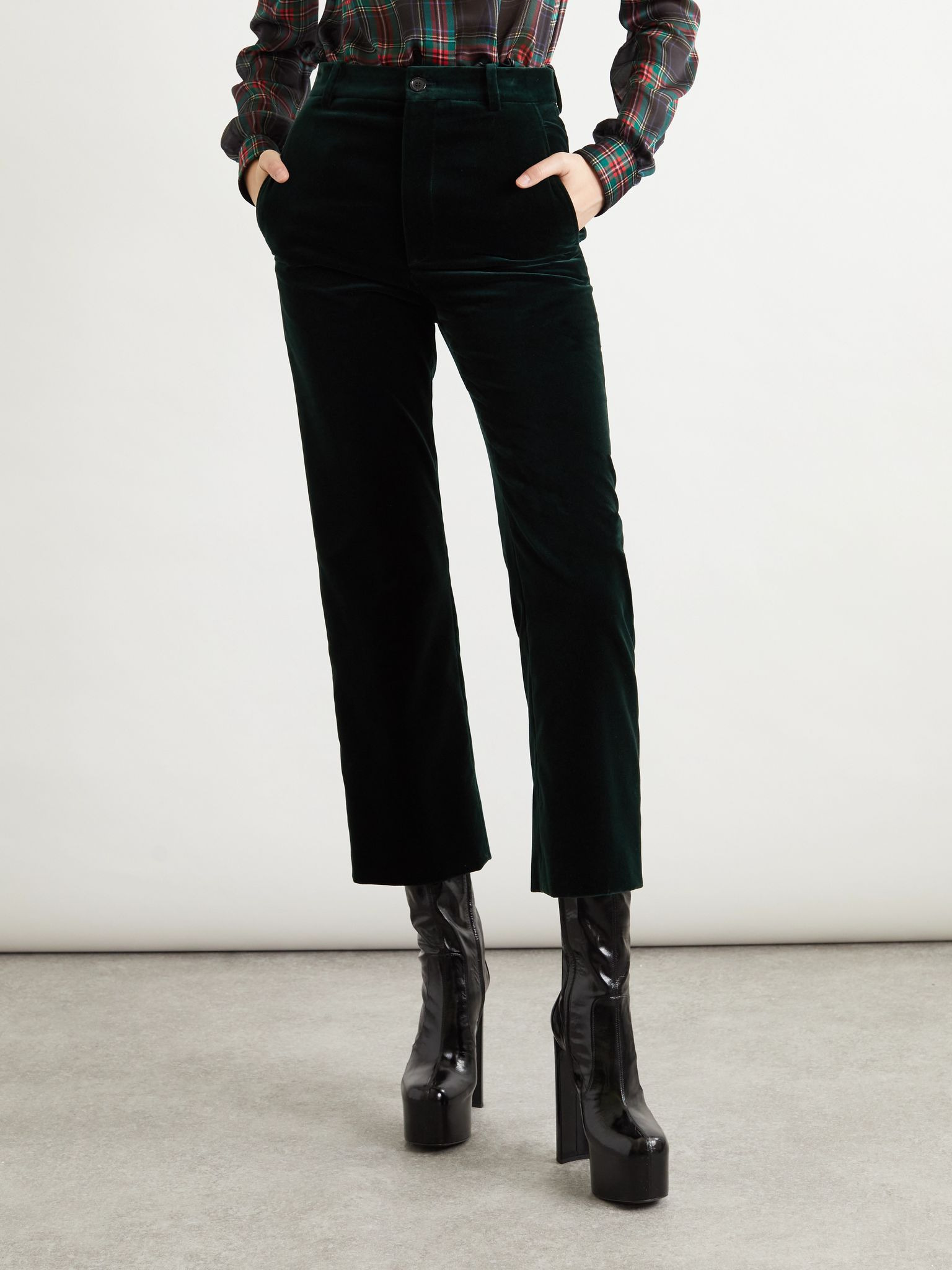 Cropped cotton-velvet slim-leg pants Green - 3