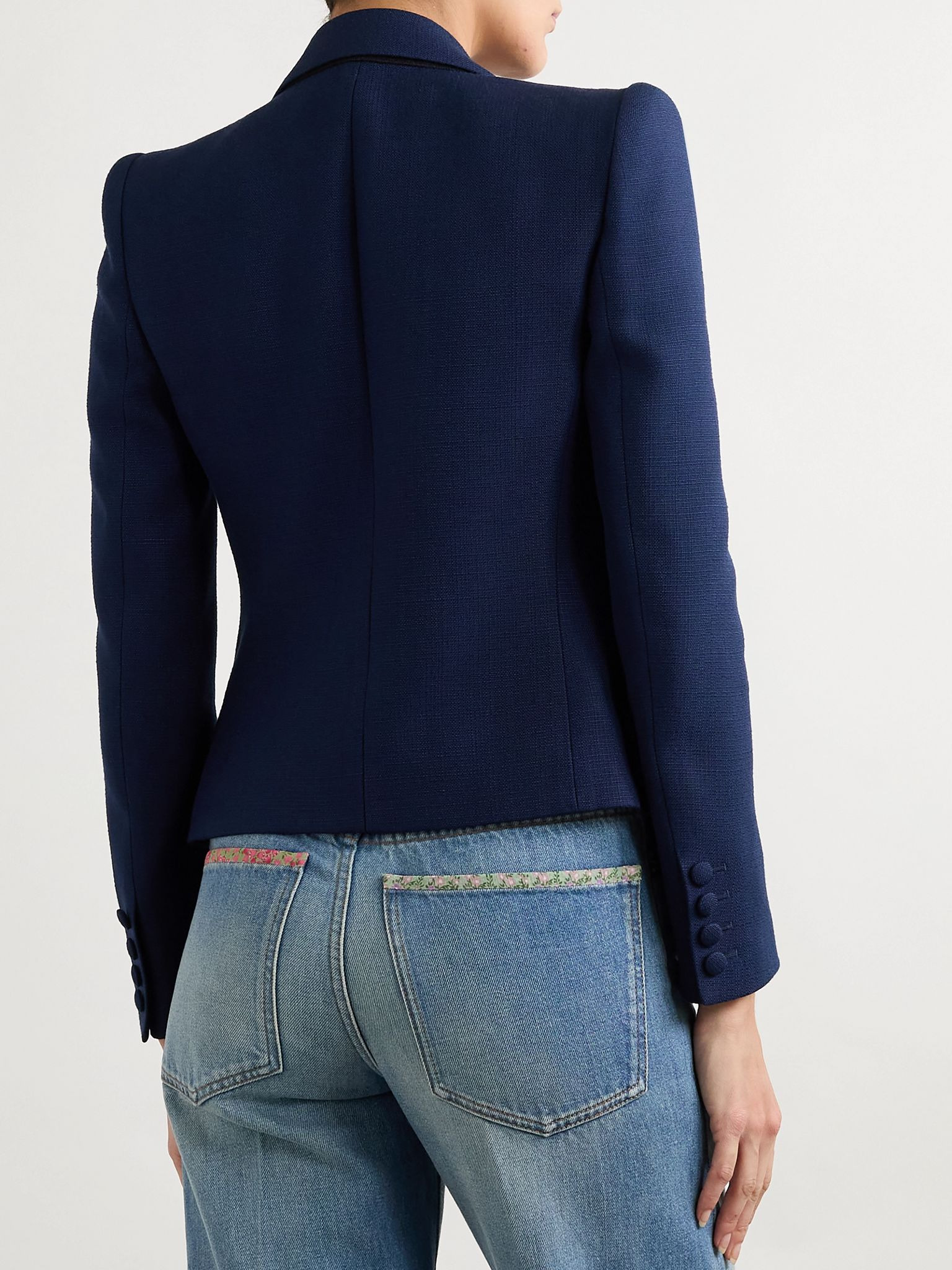 Cropped satin-trimmed woven blazer Navy - 3
