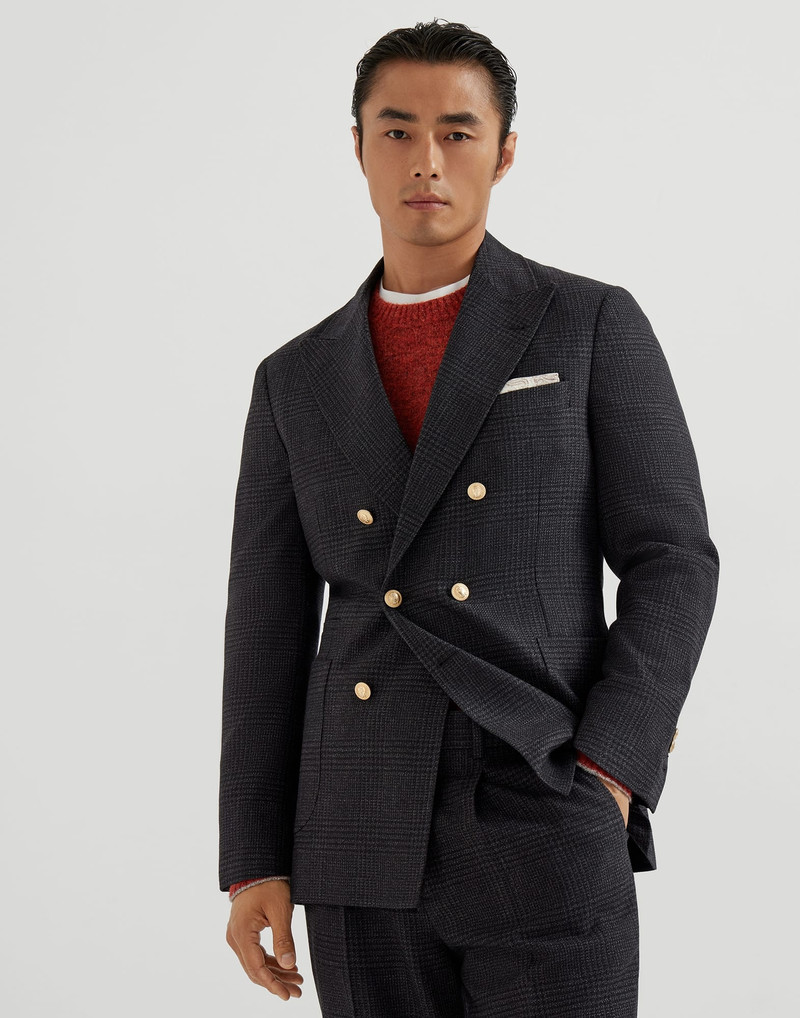 Wool, cashmere and silk tone-on-tone Prince of Wales one-and-a-half breasted deconstructed blazer wi 1