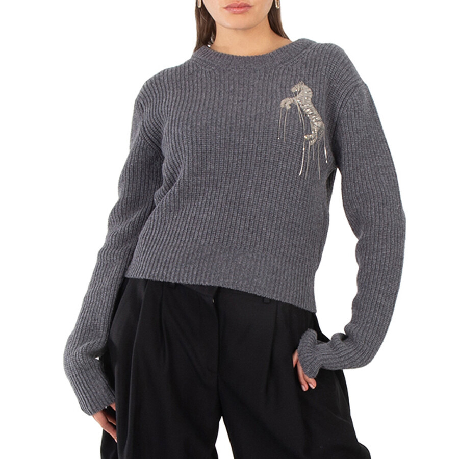 Stella McCartney Grey Wool Cropped Horse Chain Embroidered Jumper - 3