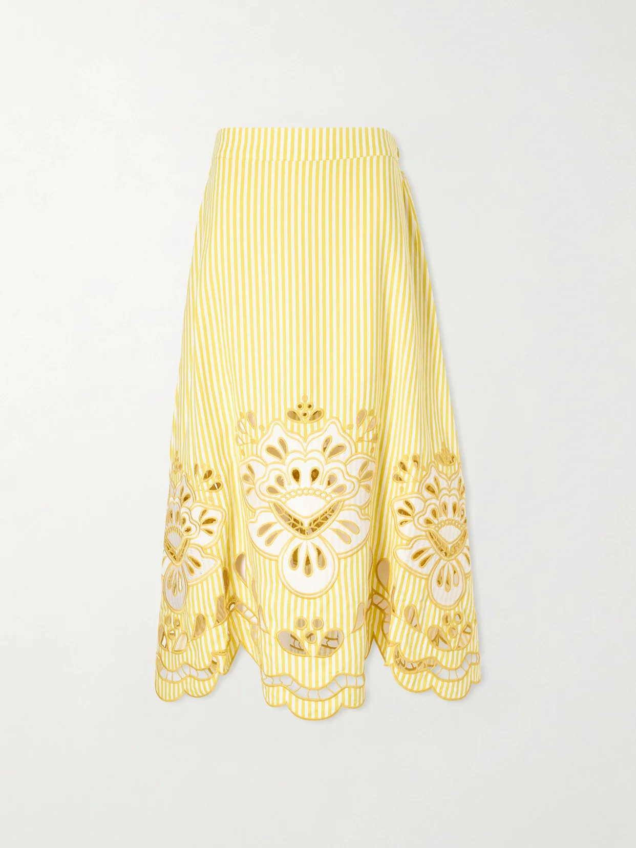 Striped Broderie Anglaise-trimmed Linen-blend Midi Skirt - 1