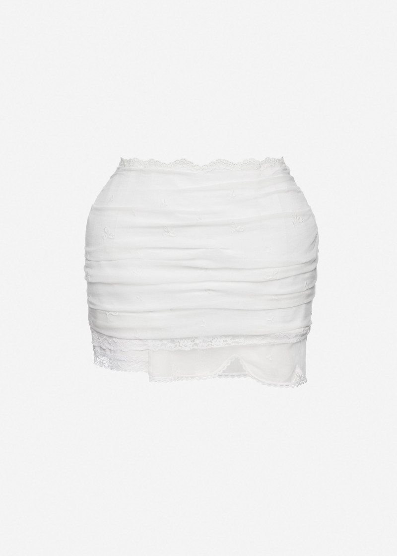 Draped mini skirt with lace trim in white 1