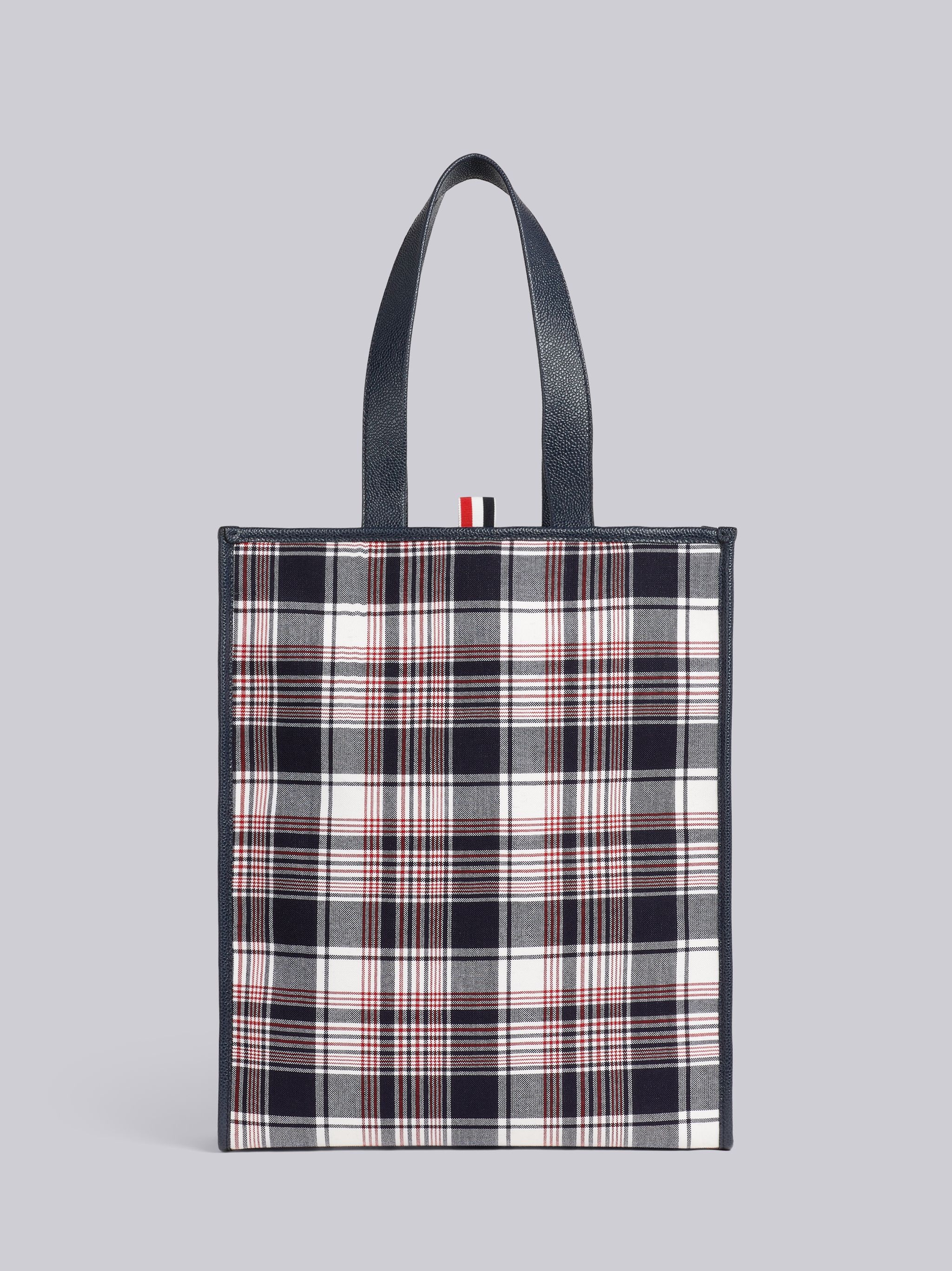Multicolor Hairline Madras Check Suiting Webbing Stripe Vertical Tote - 4