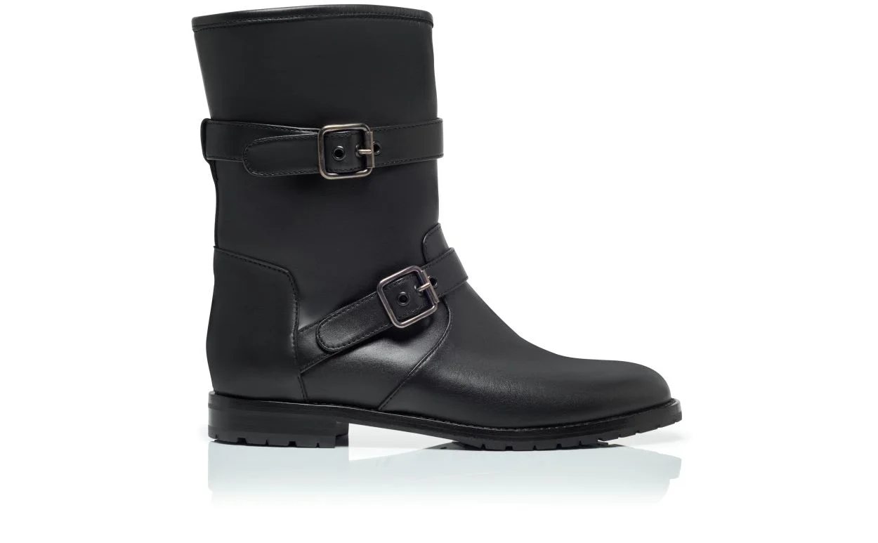 Black Calf Leather Dual Buckle Ankle Boots - 1