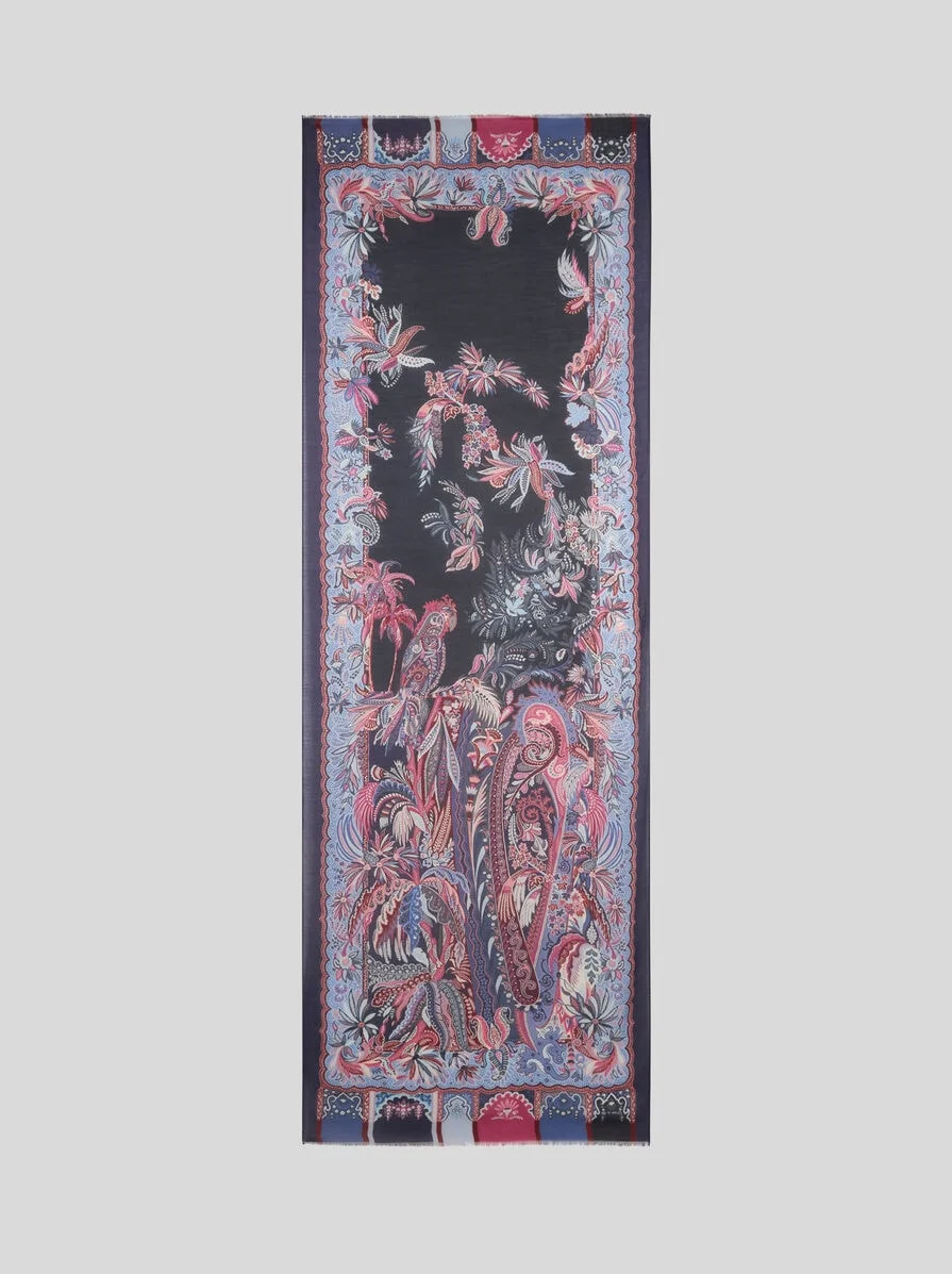 MODAL AND CASHMERE SCARF WITH PLACED PARROT PRINT AND PAISLEYS - 1