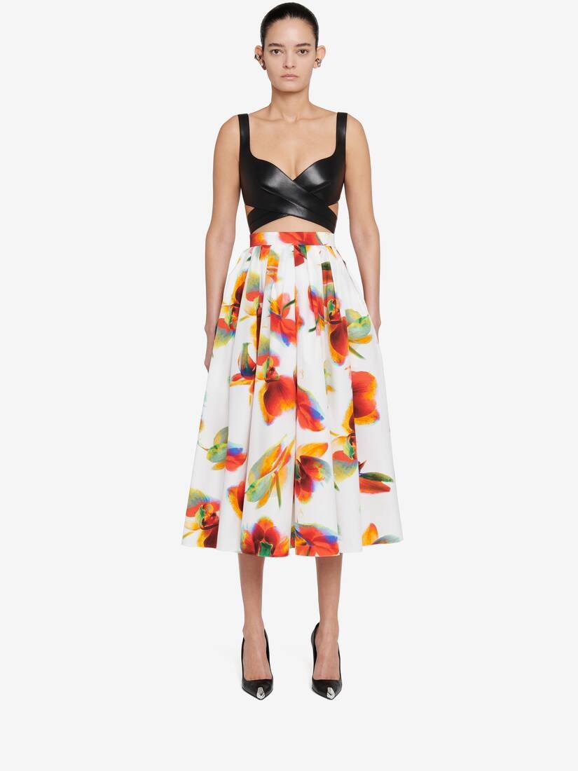 Alexander McQueen Women's Solarised Orchid Gathered Midi Skirt in Optic  White | alexandermcqueen | REVERSIBLE