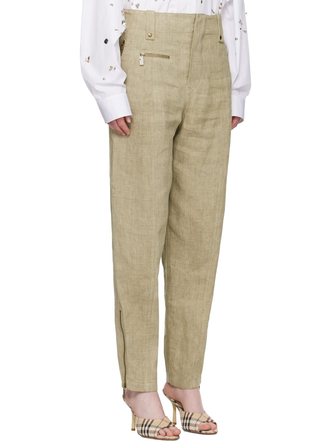 Khaki Linen Tailored Trousers - 2
