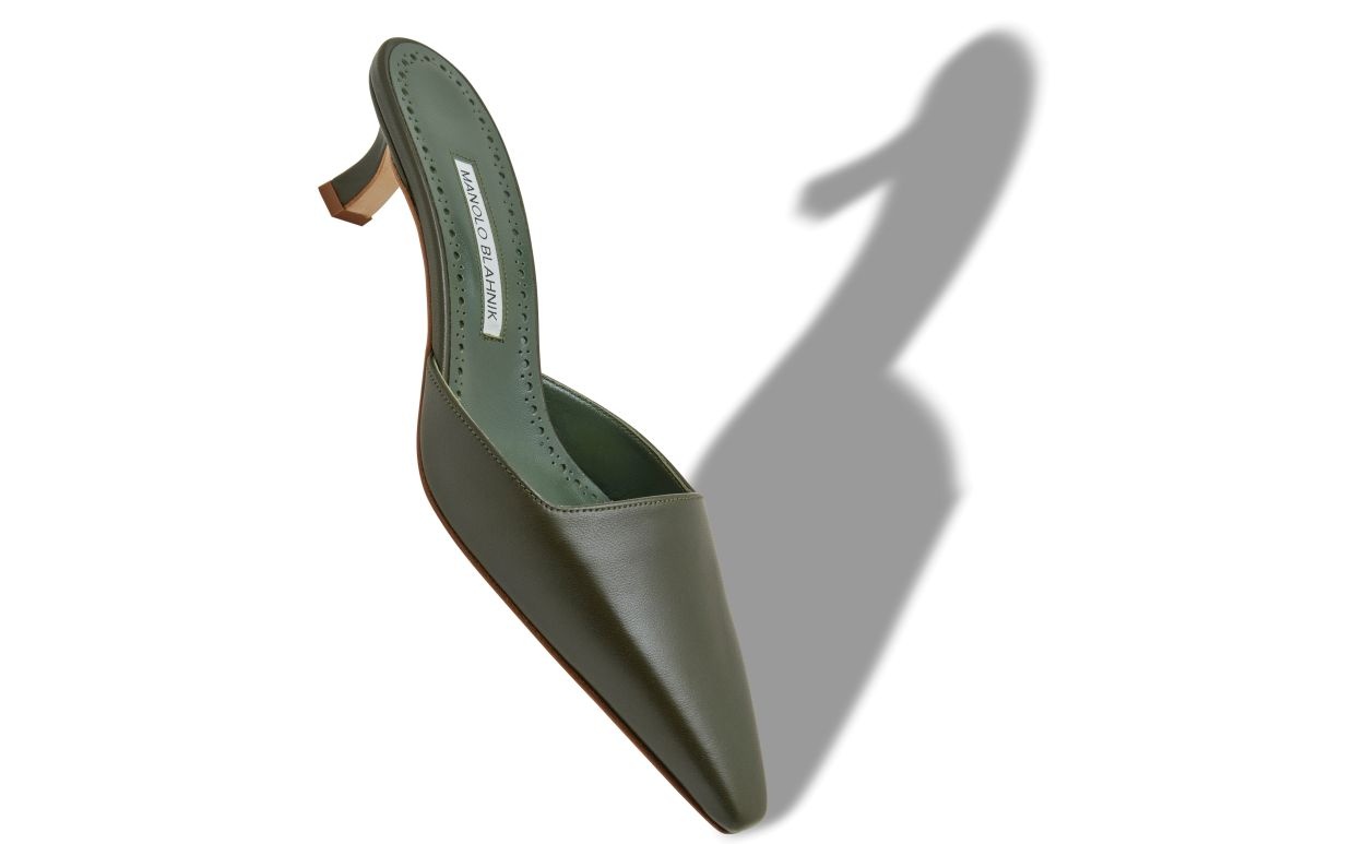 Dark Green Nappa Leather Square Cut Mules - 2