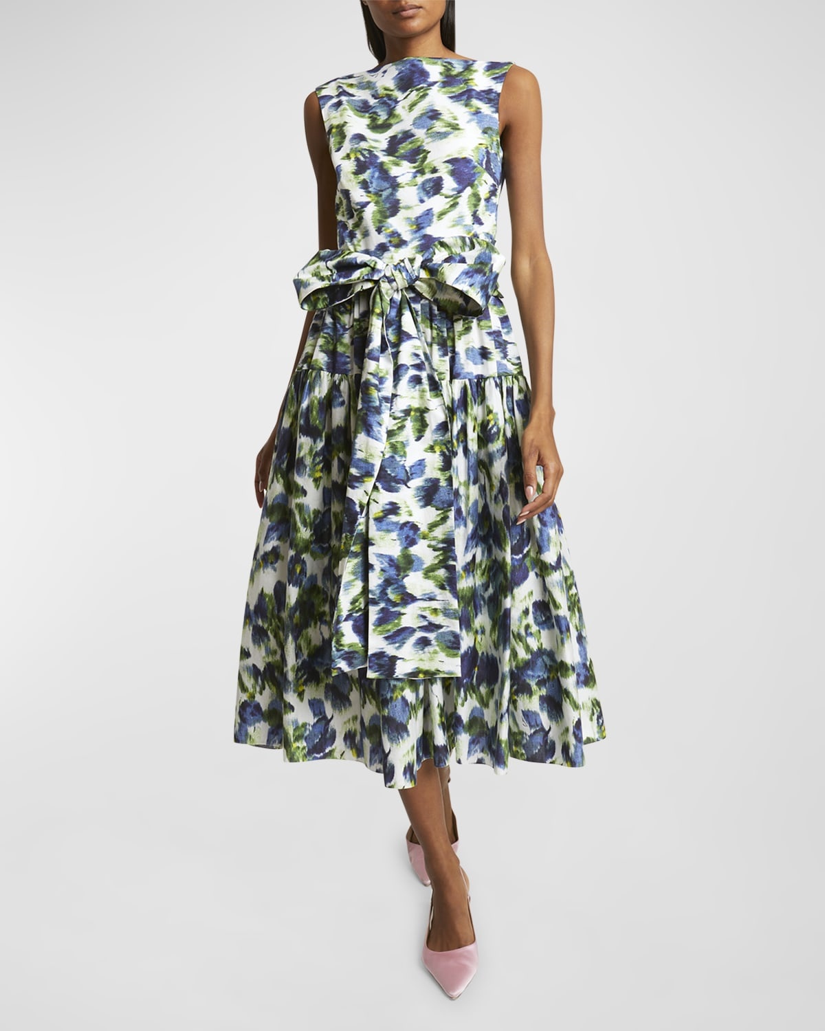 Floral Abstract Print Bow Midi Dress - 7