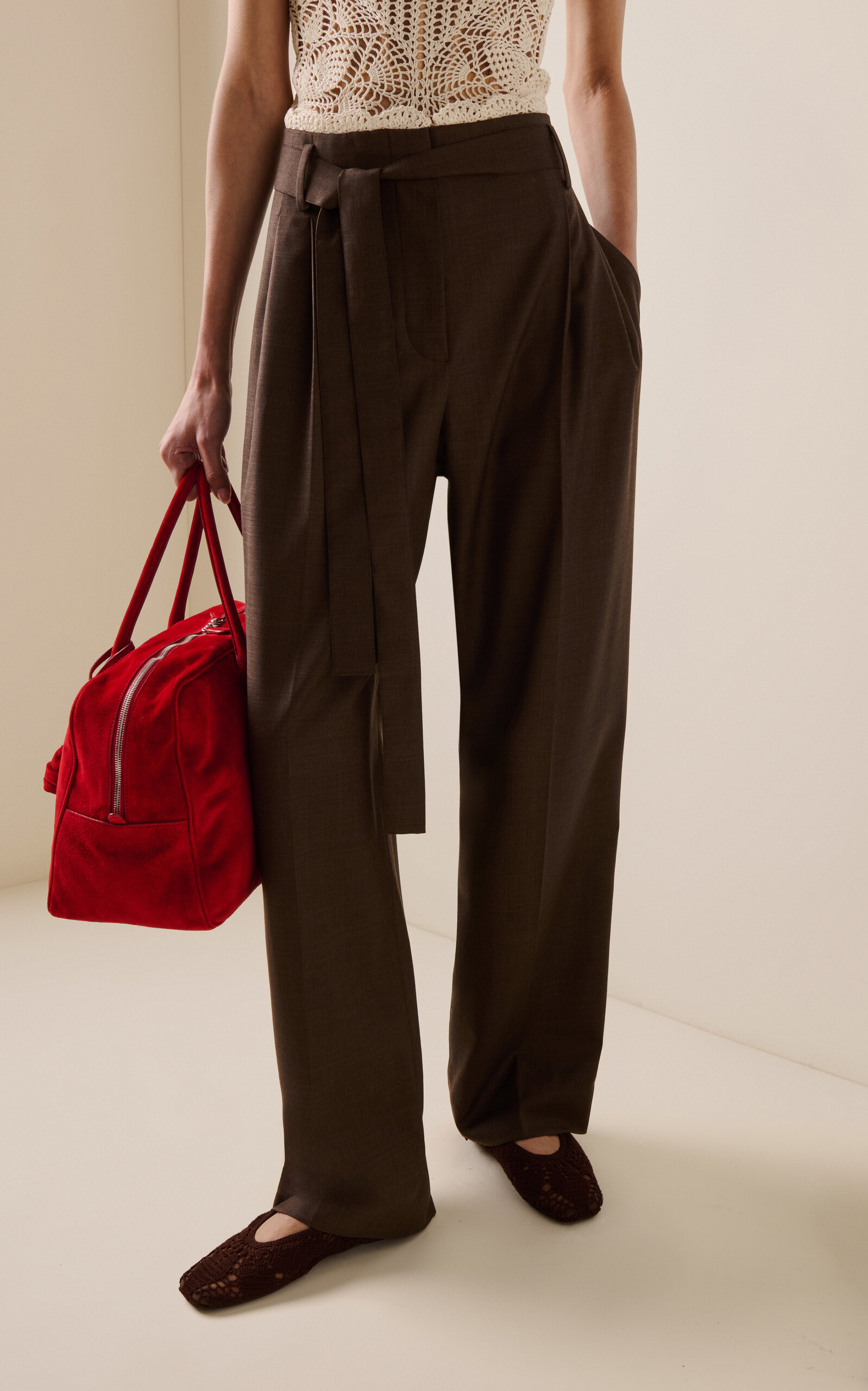 Ribbon Belted Wool Pants brown - 3