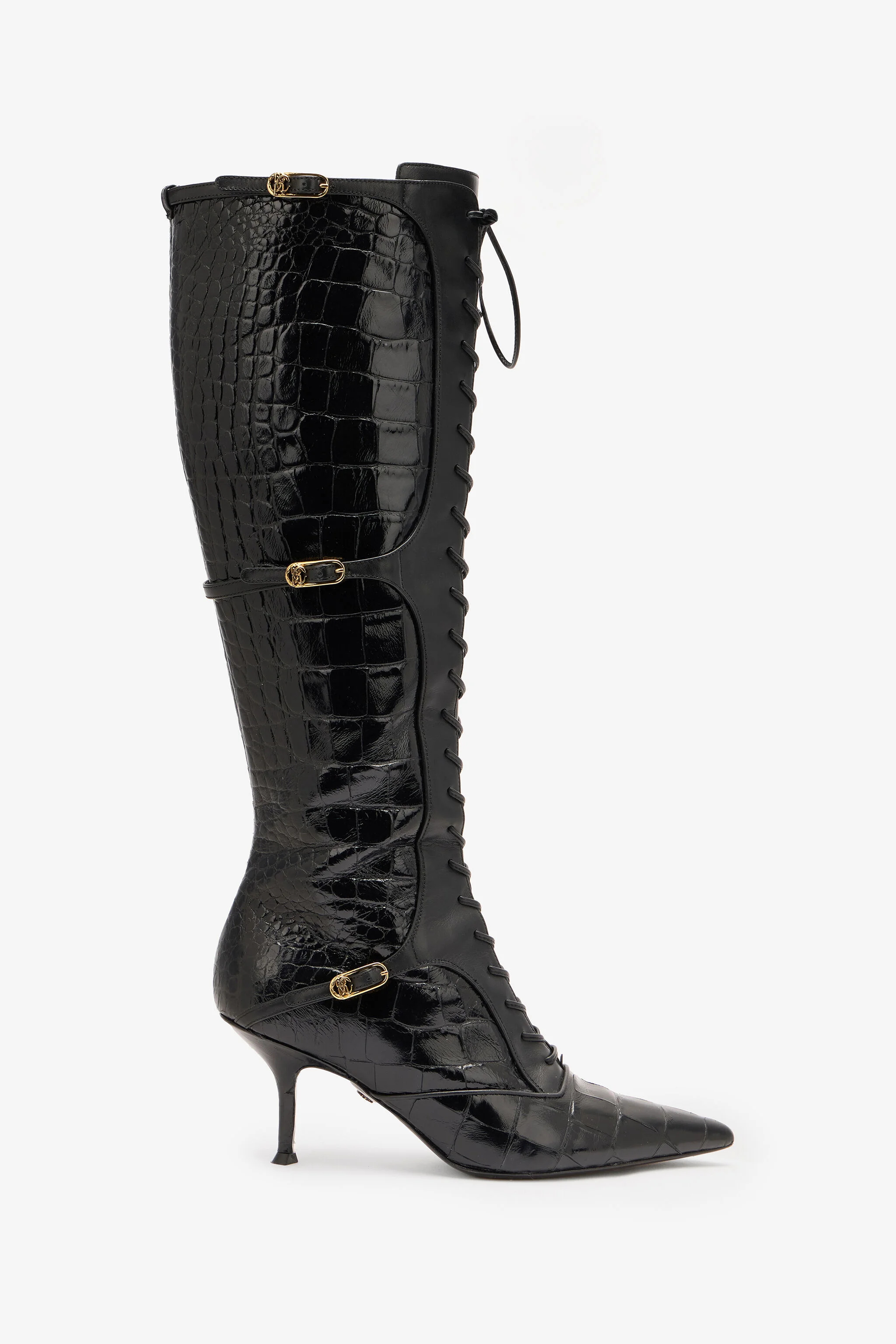 Pointed Lace-Up Boots With Crocodile Effect - 1