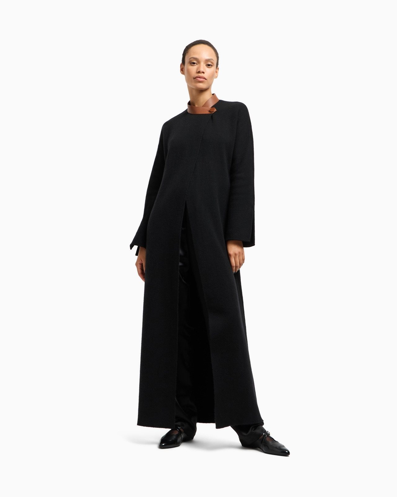 LONG COAT IN BONDED WOOL AND CASHMERE WITH LEATHER DETAILS - 4