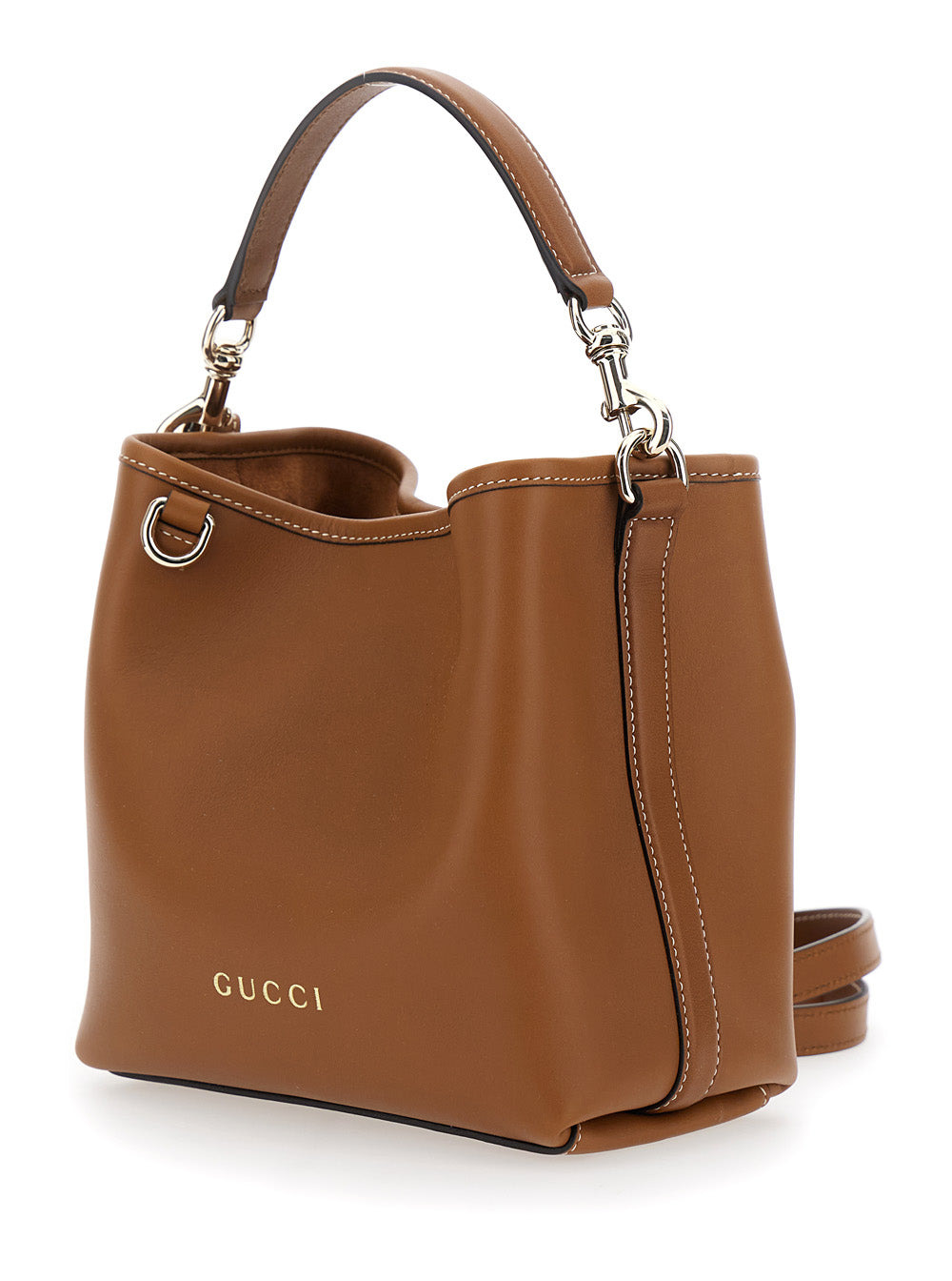 Gucci Women 'Gg Emblem' Brown Bucket Bag With Metallic Logo Lettering On The Front In Leather Woman - 2