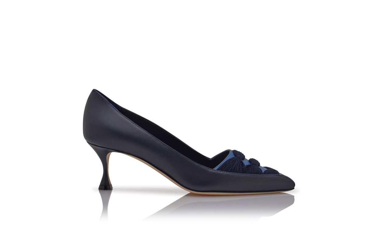 Navy Blue Nappa Leather Ruched Pumps - 1