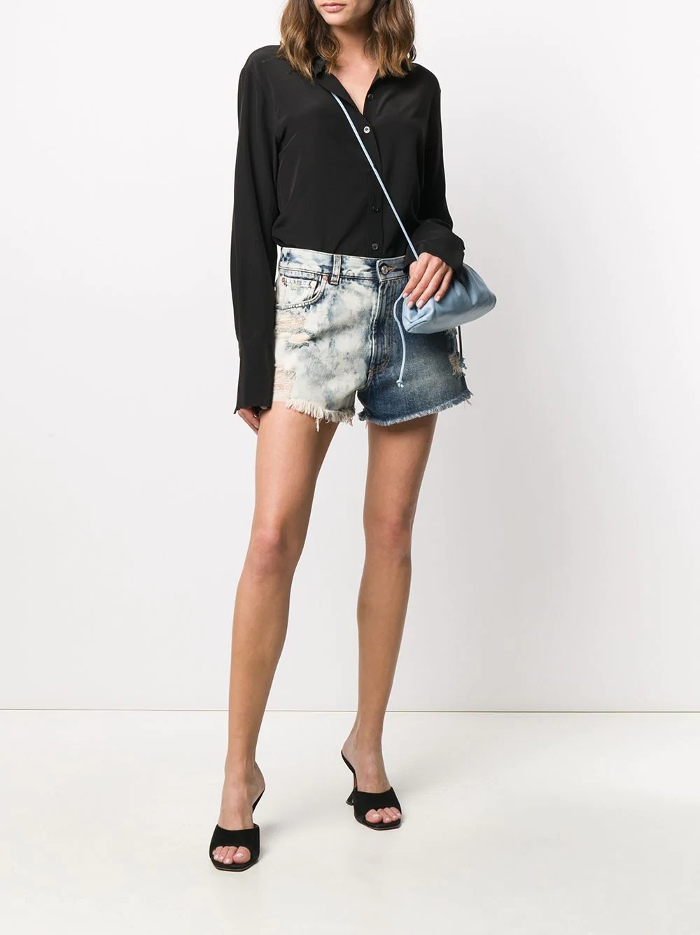 two-tone distressed denim shorts - 2