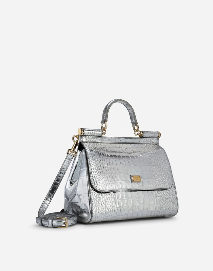 Medium Sicily bag in foiled crocodile-print calfskin - 3