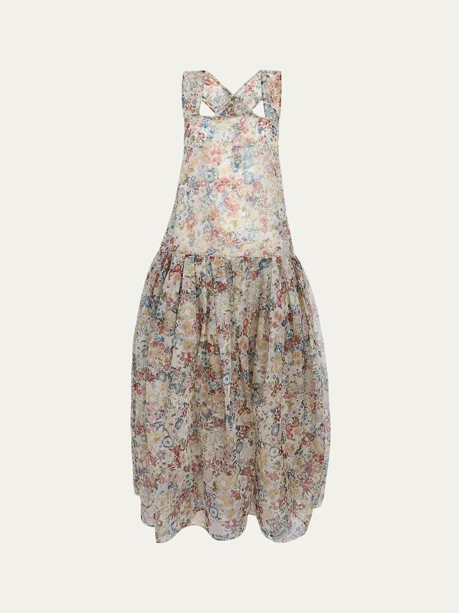 Amello Floral Silk Organza Backless Tea-Length Dress - 1