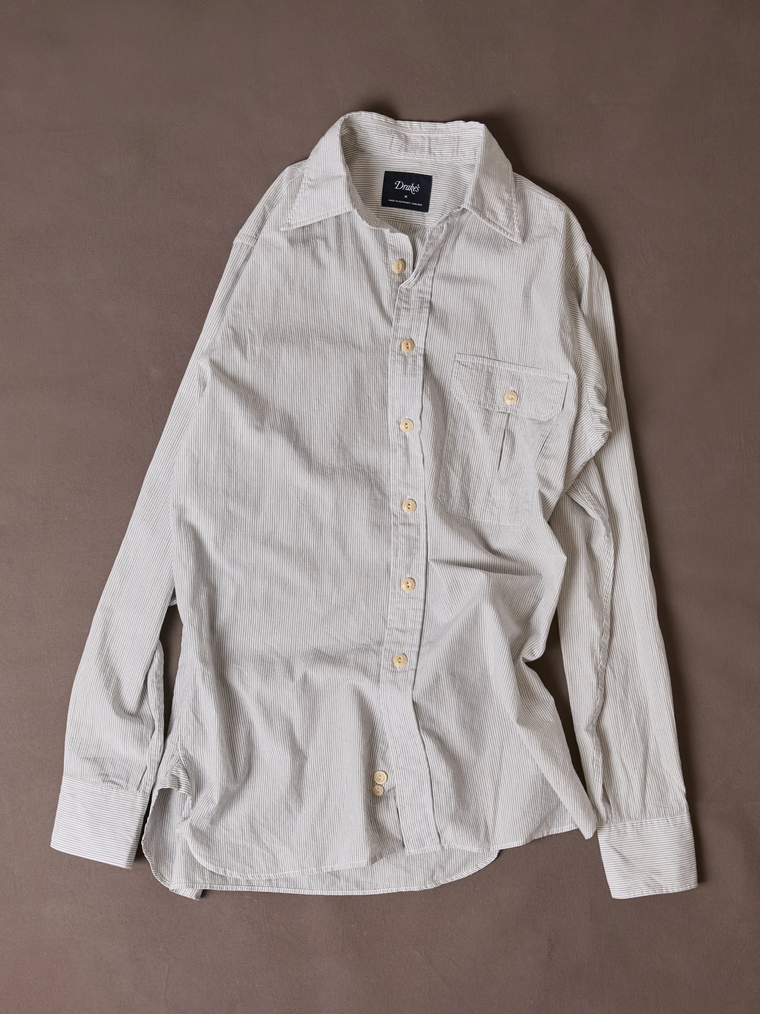 White and Navy Pinstripe Linen-Cotton Long Point Collar Shirt - 1
