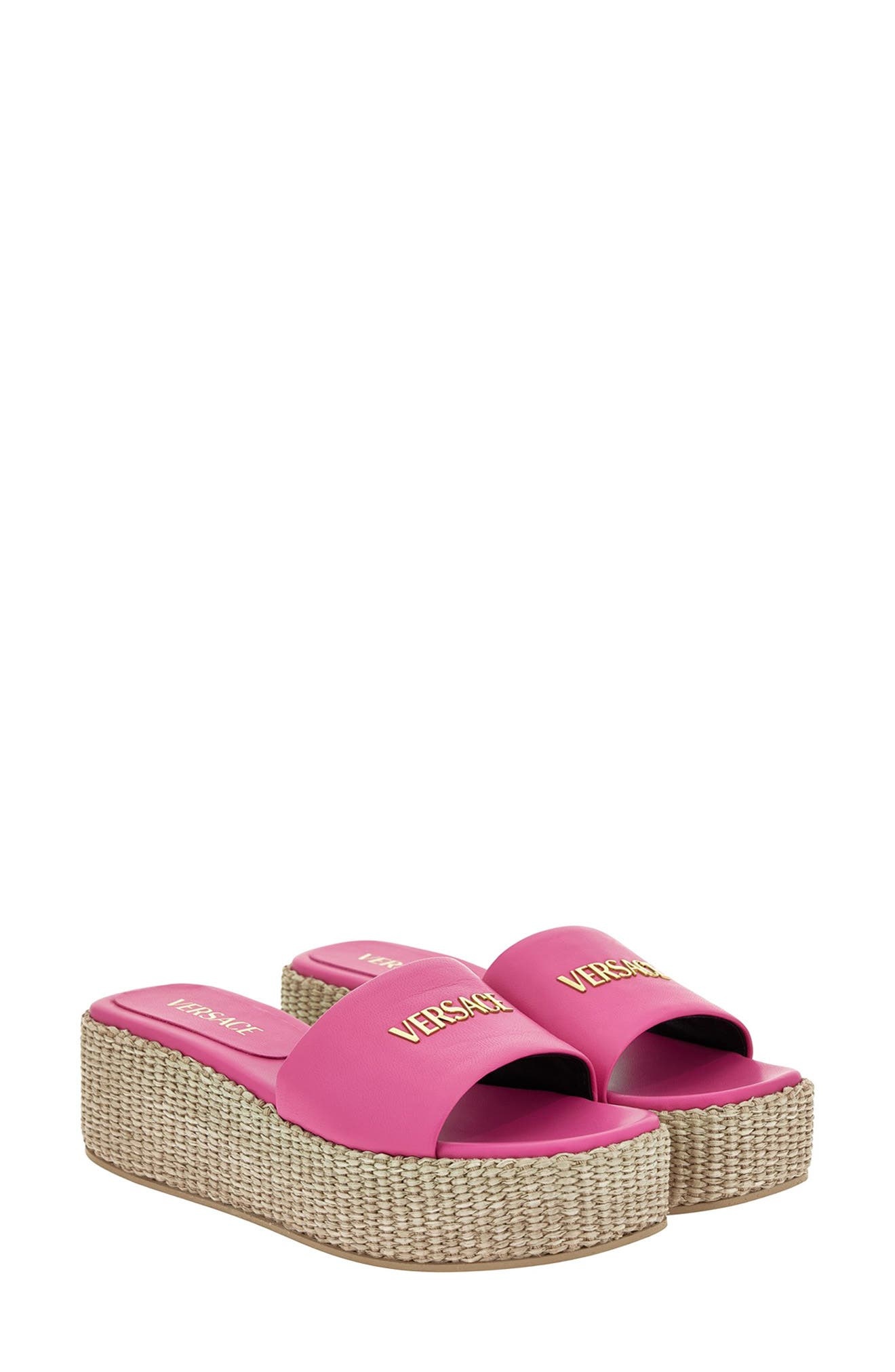 Versace Logo Espadrille Platform Slide Sandal in Dragon Fruit Versace Gold at Nordstrom - 1