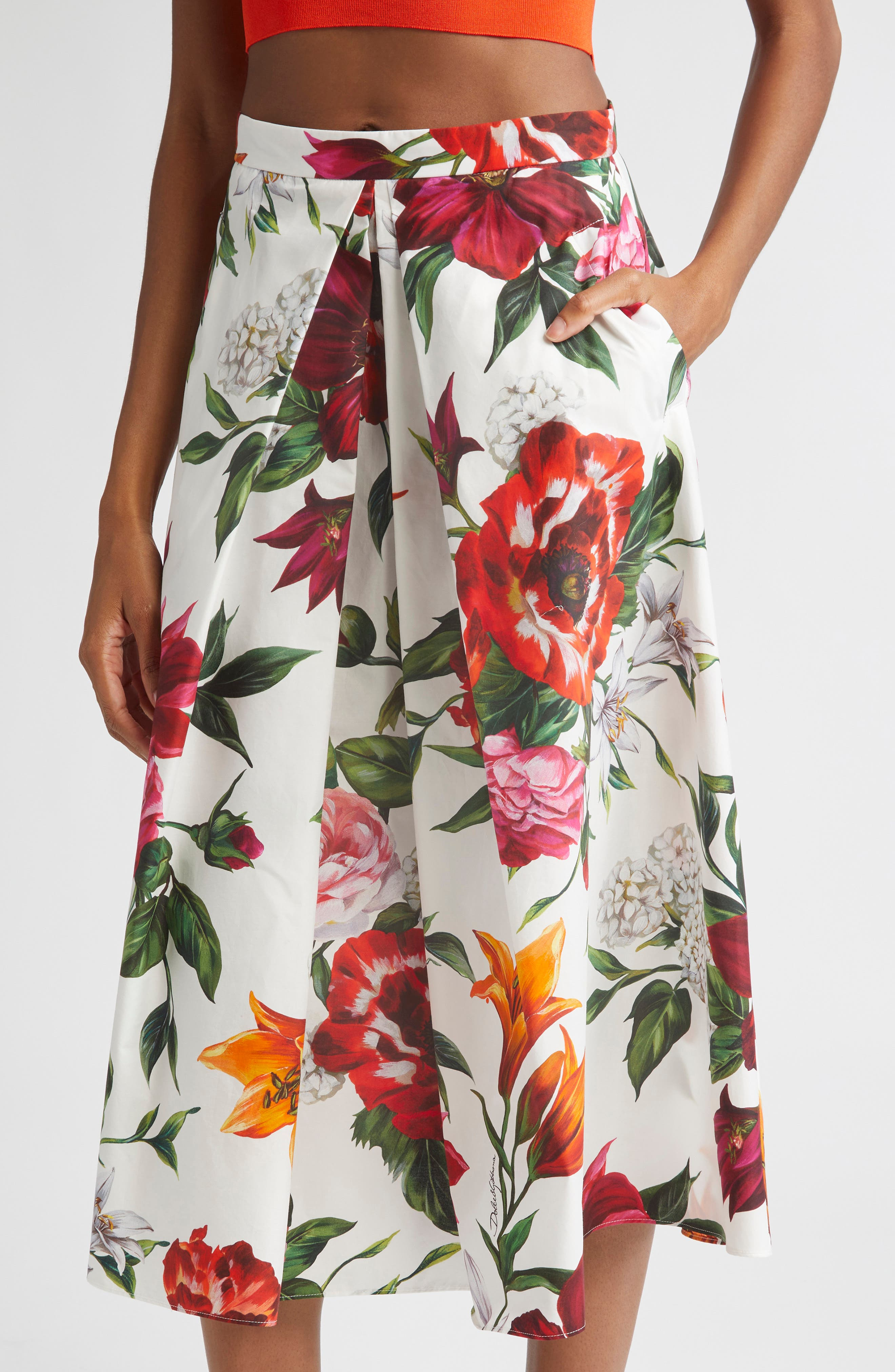 Dolce&Gabbana Floral Pleated Cotton Poplin Skirt in Ha5Pb Anemoni Gigli F.bco at Nordstrom - 5