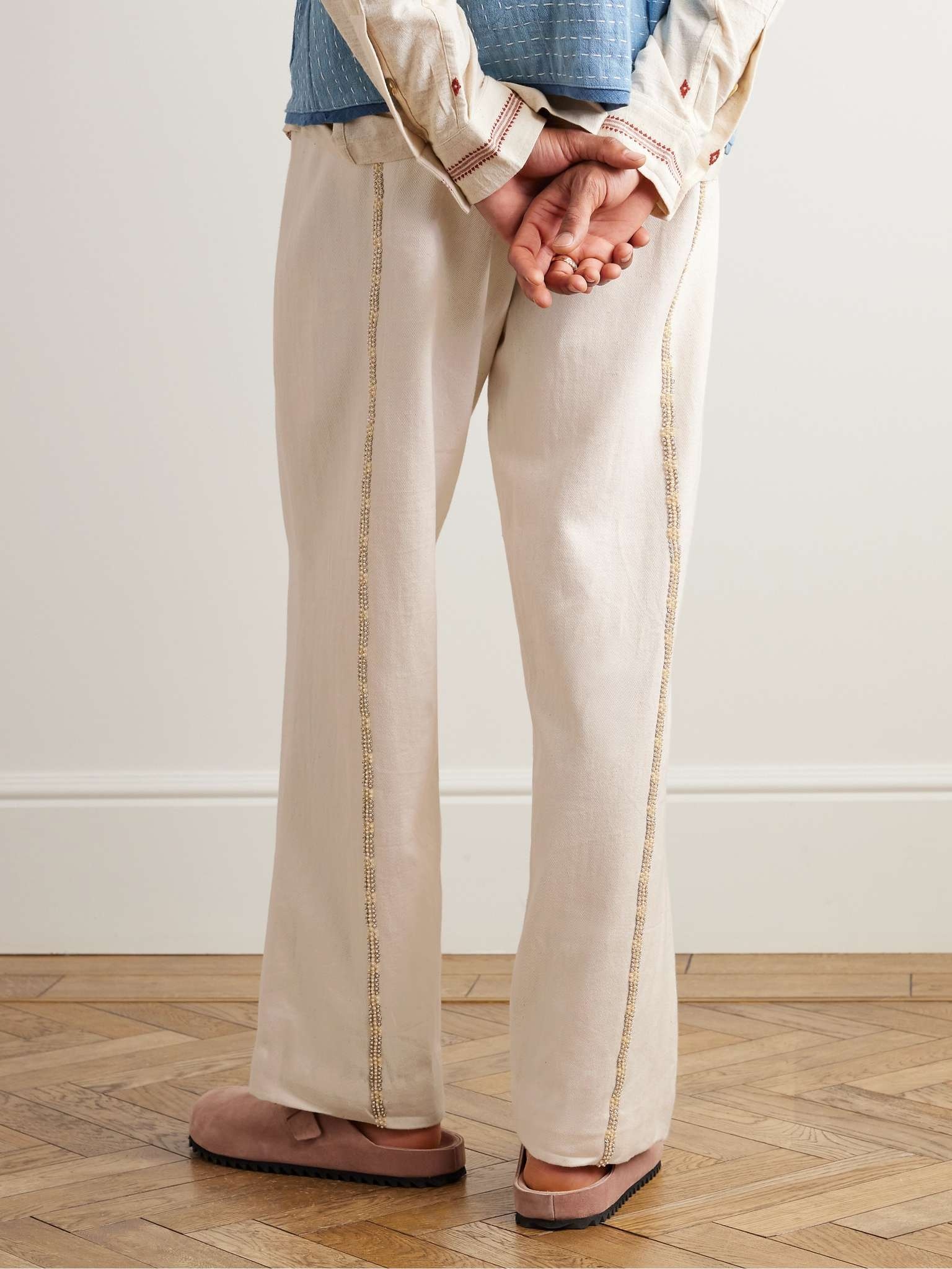 Embellished Pleated Cotton Straight-Leg Trousers - 4