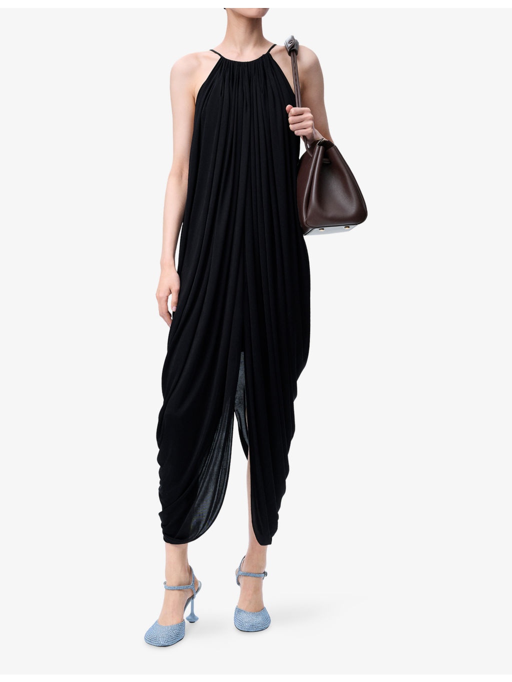 Draped Anagram-Hardware Silk Midi Dress - 3