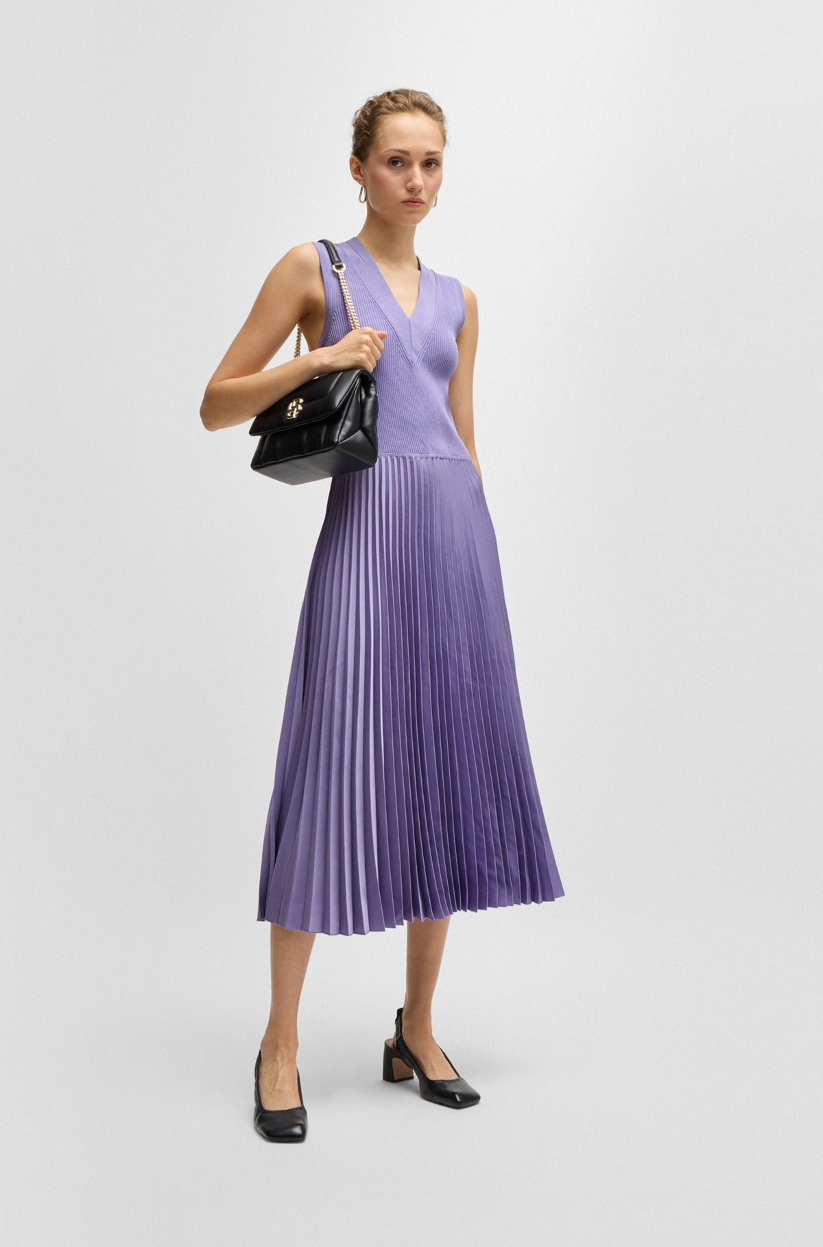 MIXED-MATERIAL DRESS WITH PLISSÉ SKIRT - 3