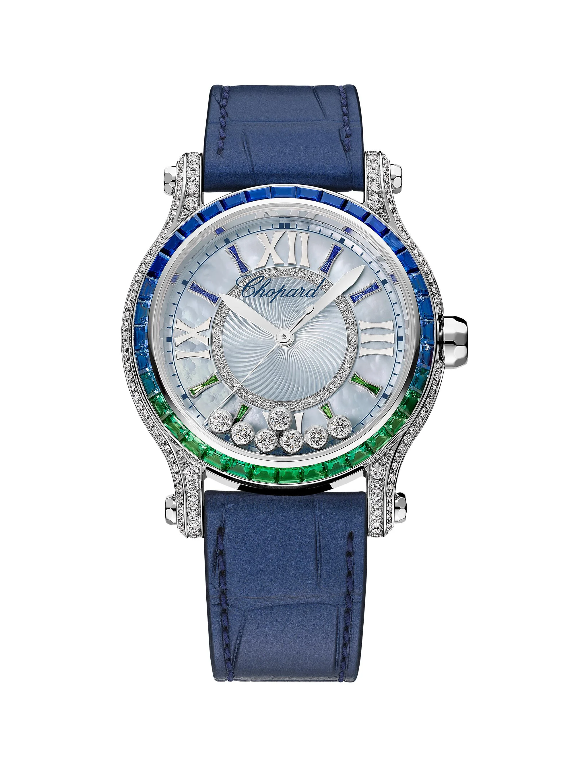 Women's Happy Sport White Gold, 2.53 TCW Diamond, Multi-Gemstone & Leather Watch - Blue - 1