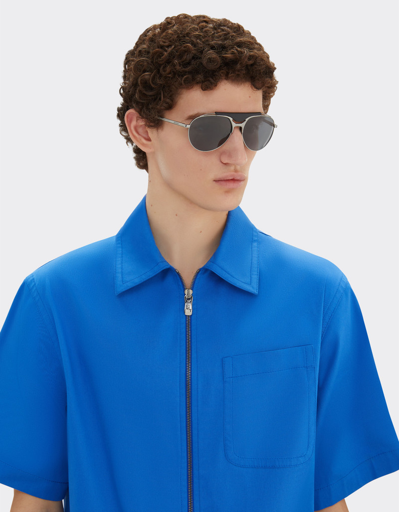 Ferrari Ferrari sunglasses in gunmetal grey metal and leather with blue lenses outlook