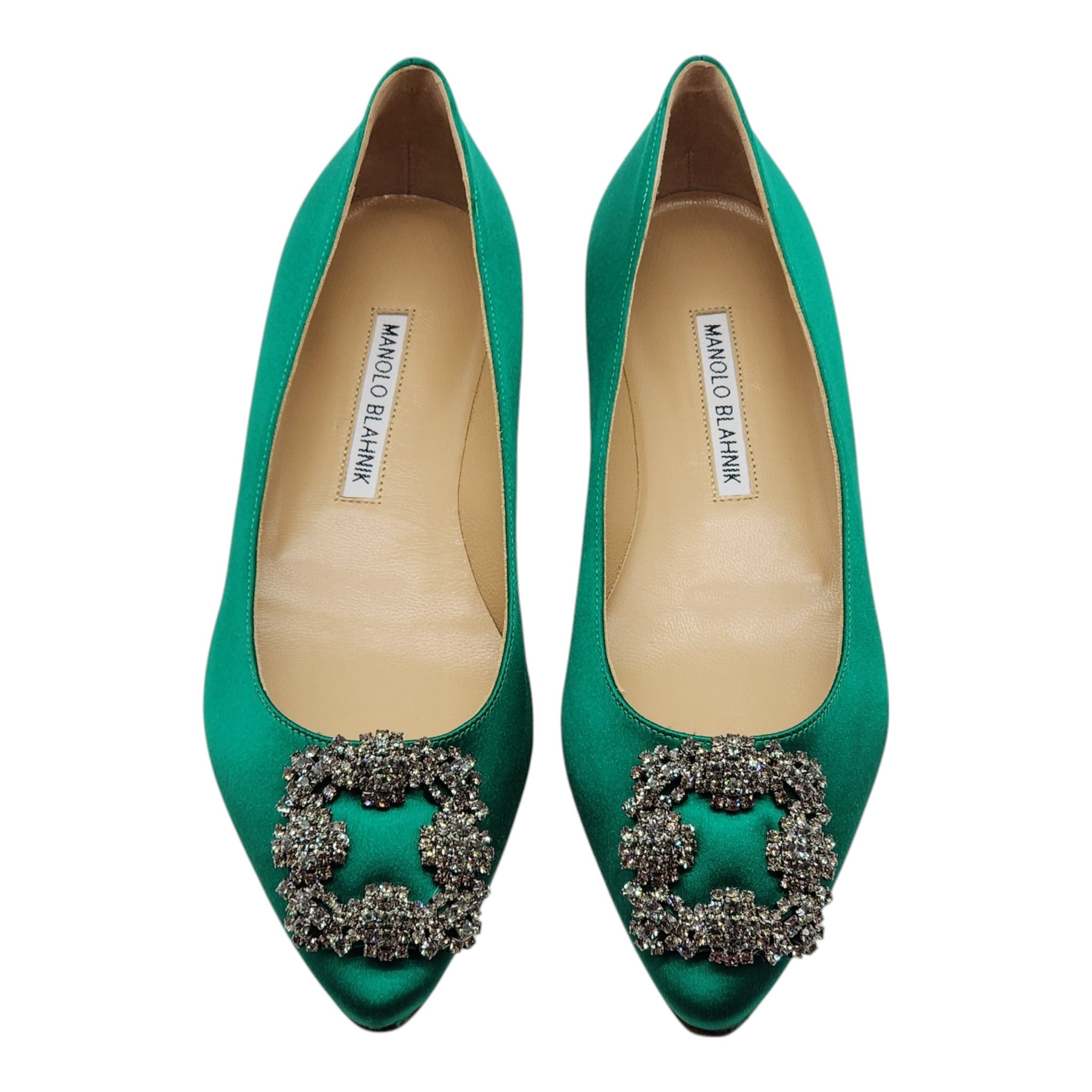 Manolo Blahnik Hangisiflat Jewel Buckle Flat Pumps - Satin - Green 36 - 3