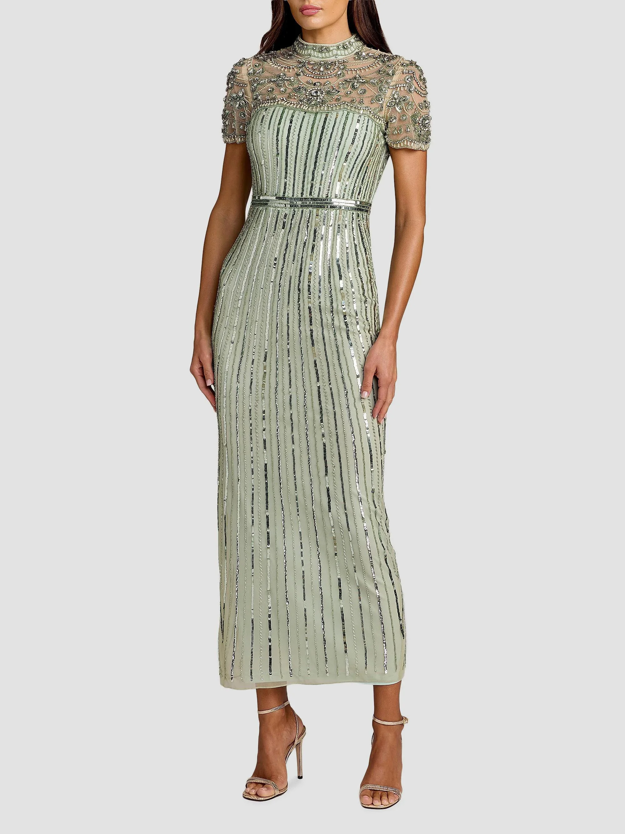 Women's Beaded Sequined Sheath Maxi Dress - Light Sage - 1