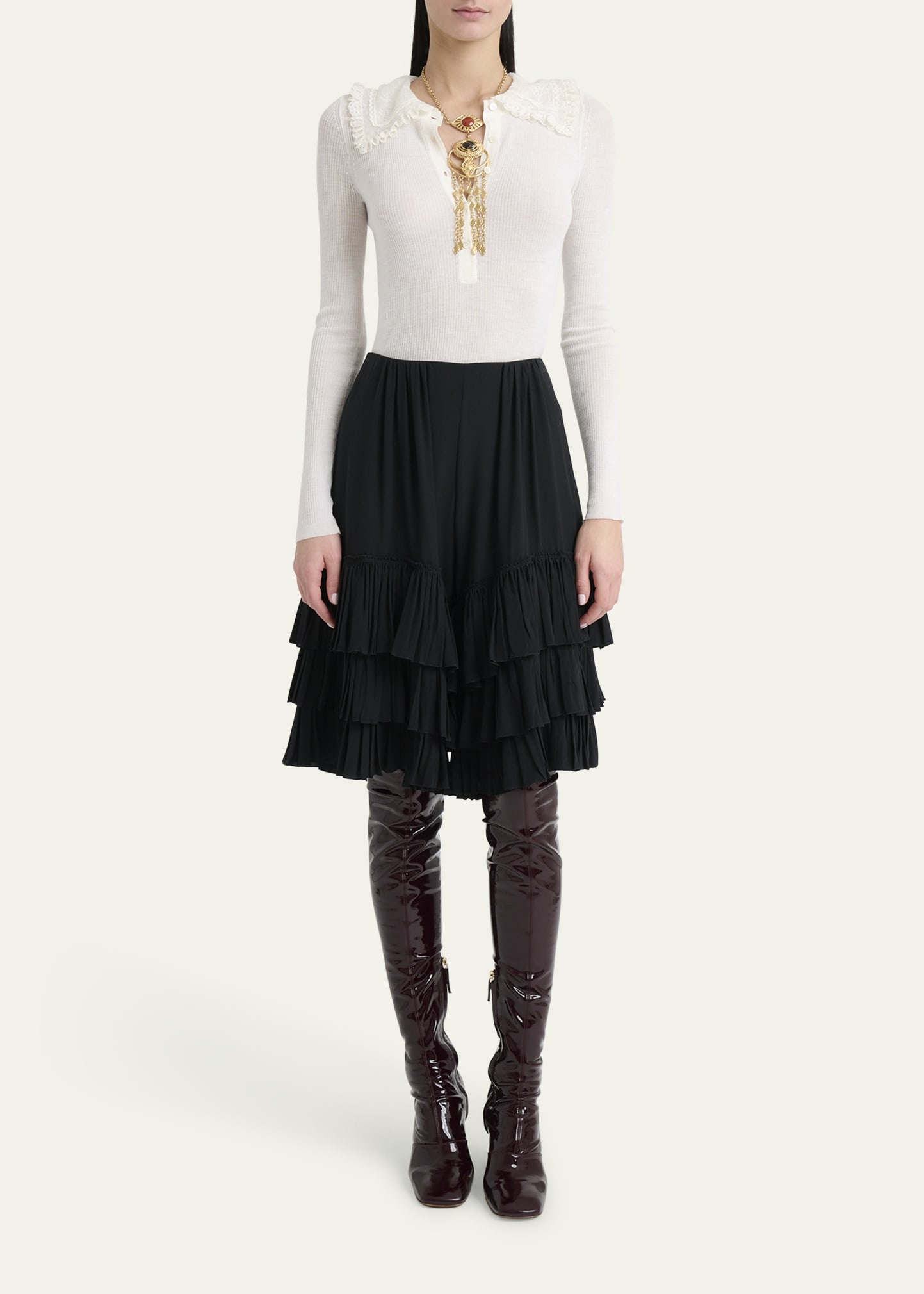 Lace-Collar Superfine Wool Rib Knit Top - 2