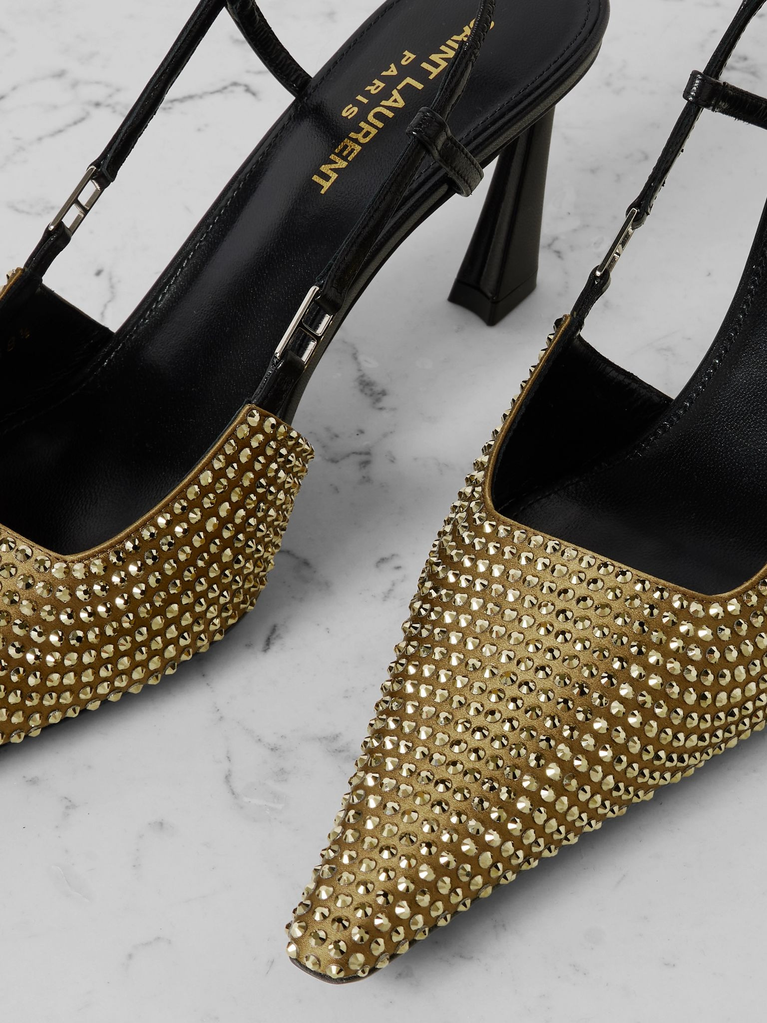 Andree crystal-embellished satin and leather slingback pumps Green - 4