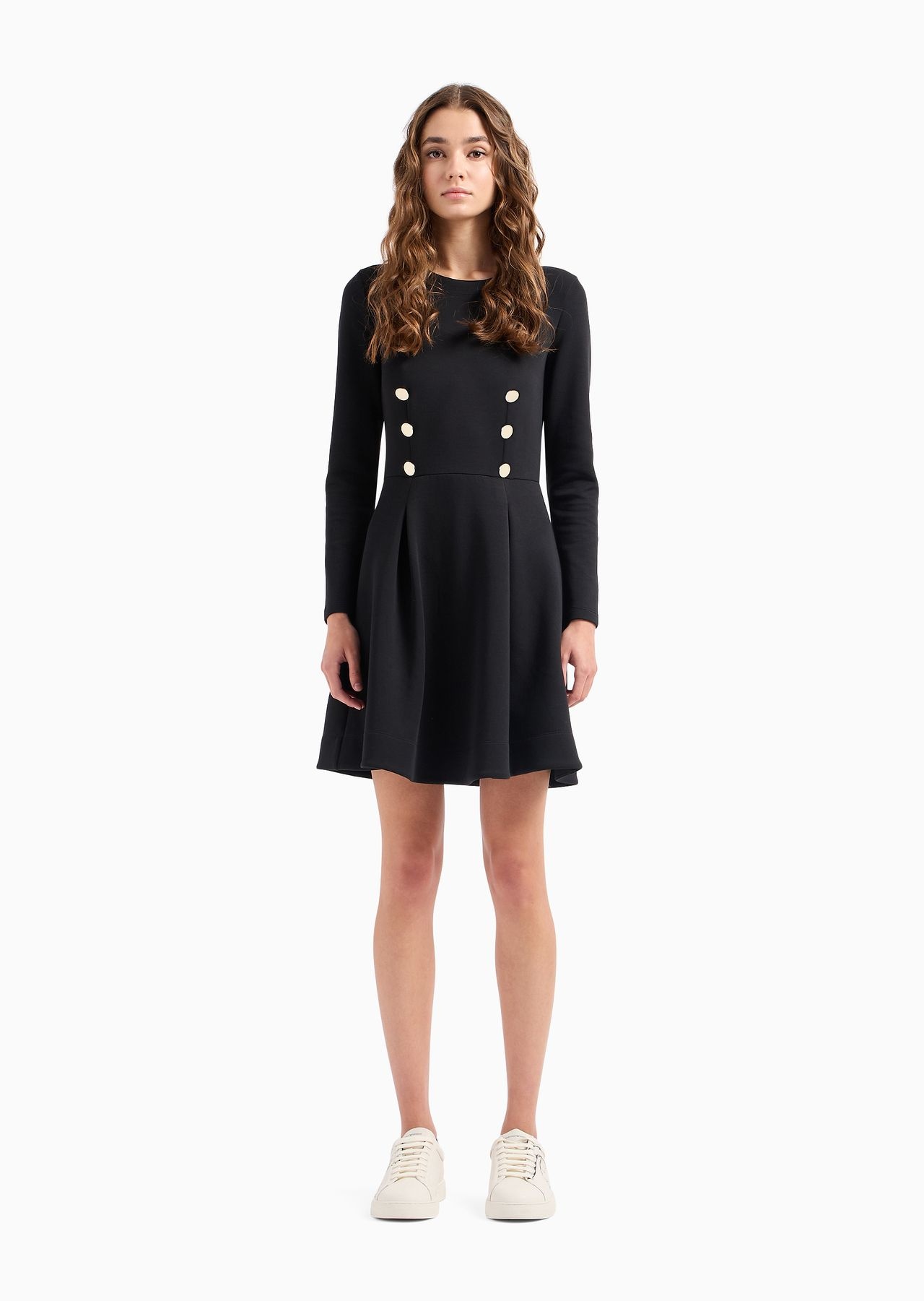 double-jersey pleated, flared dress with golden buttons - 2