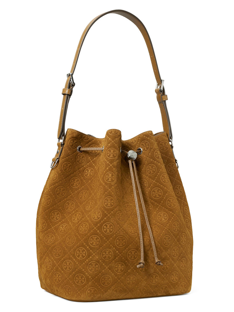 Women's T Monogram Suede Oversized Bucket Bag - Chicory Brown 4