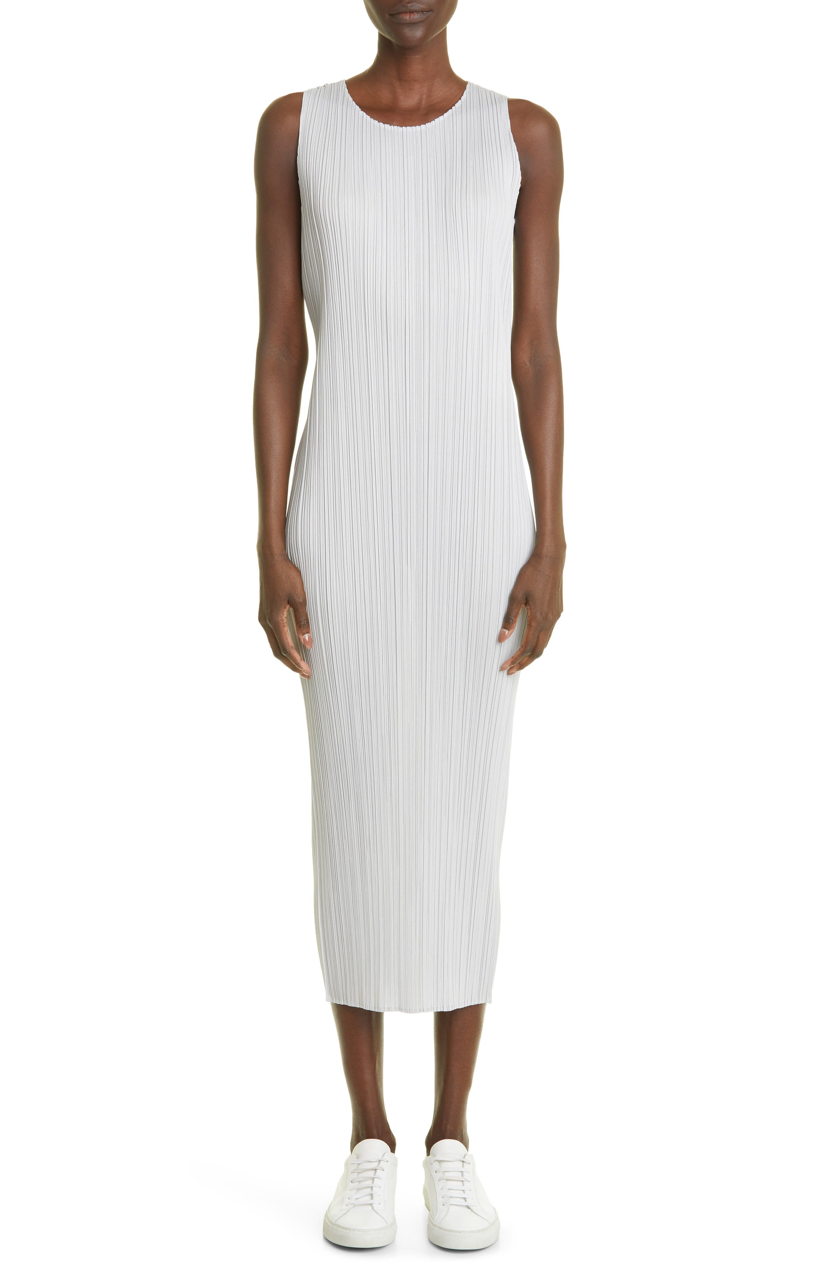 Pleats Please Issey Miyake Basics Pleated Midi Dress in Light Grey at Nordstrom - 1